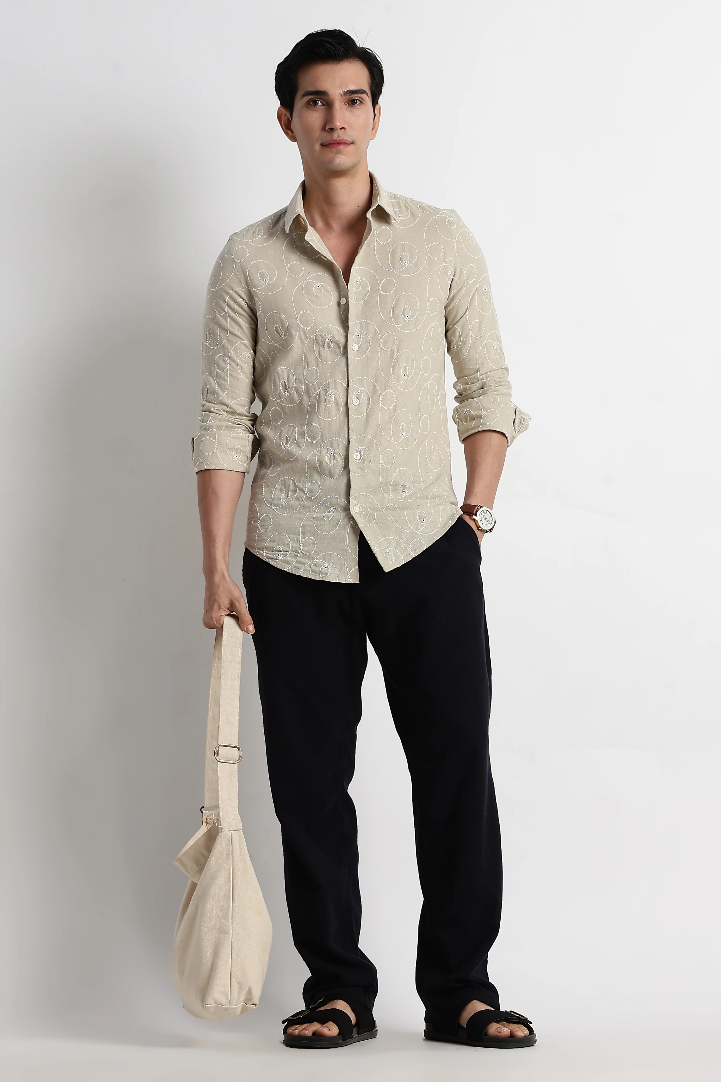 Men Textured Embroidered Cotton Shirt - Image 7