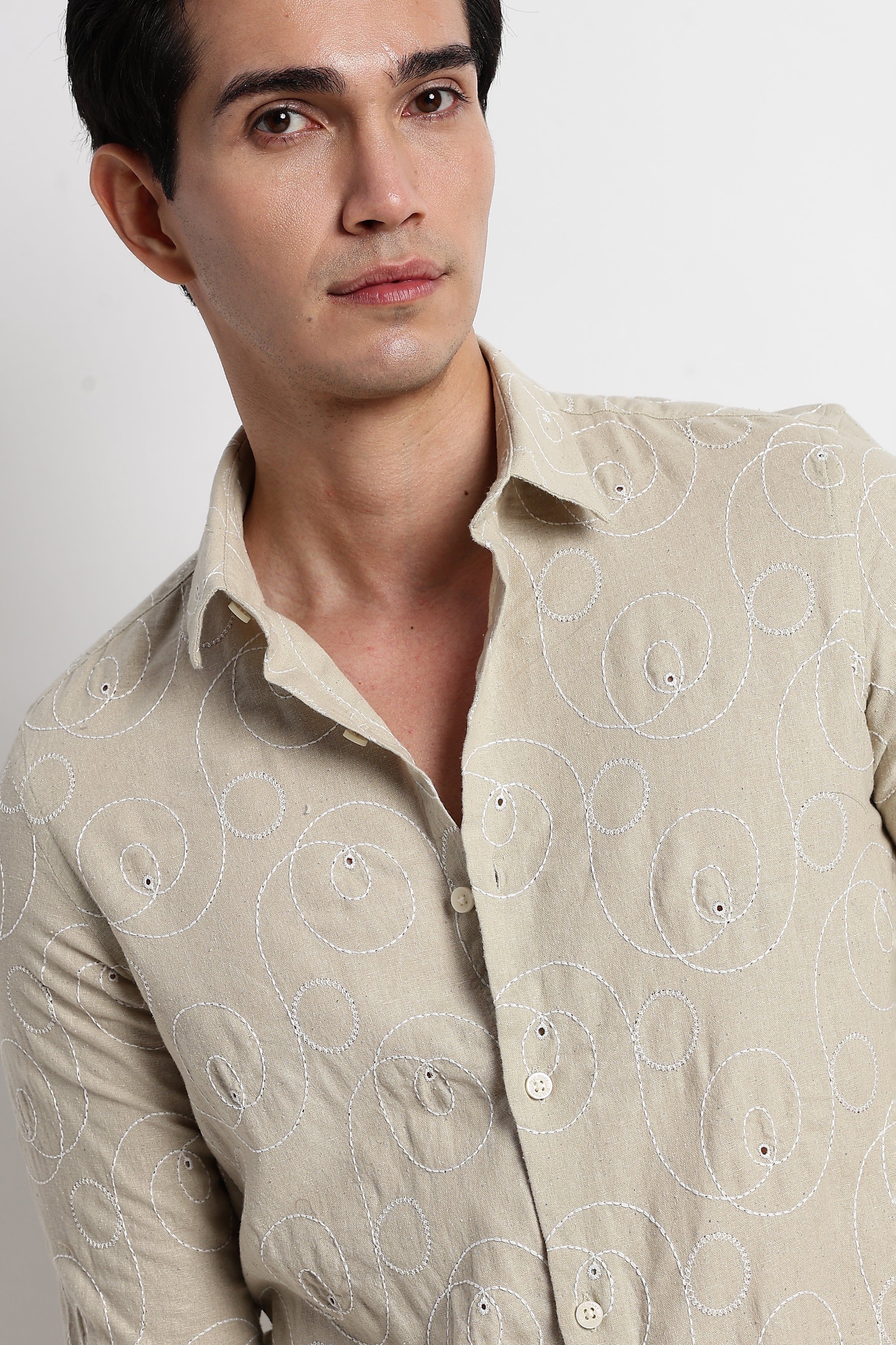 Men Textured Embroidered Cotton Shirt - Image 8