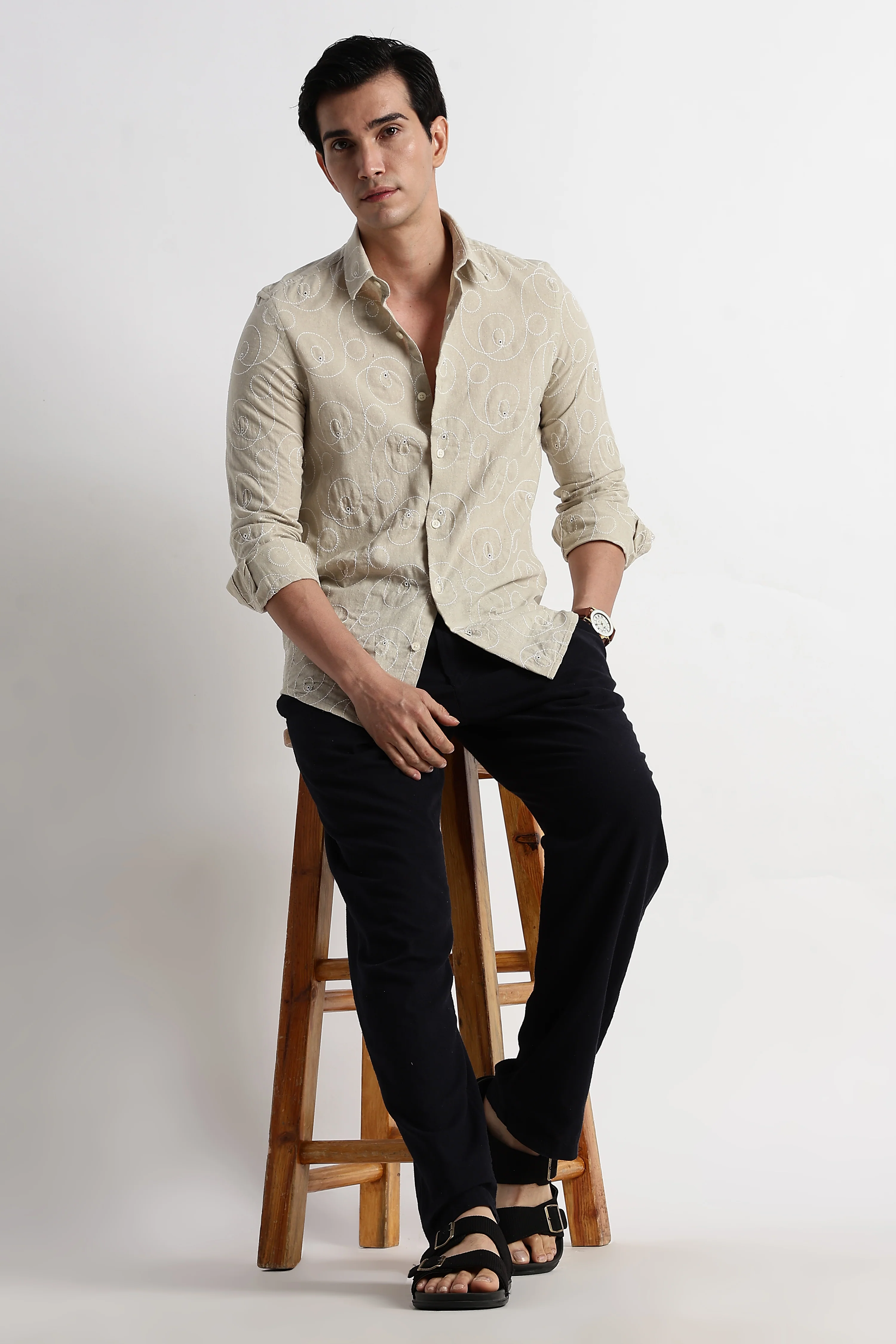 Men Textured Embroidered Cotton Shirt - Image 9