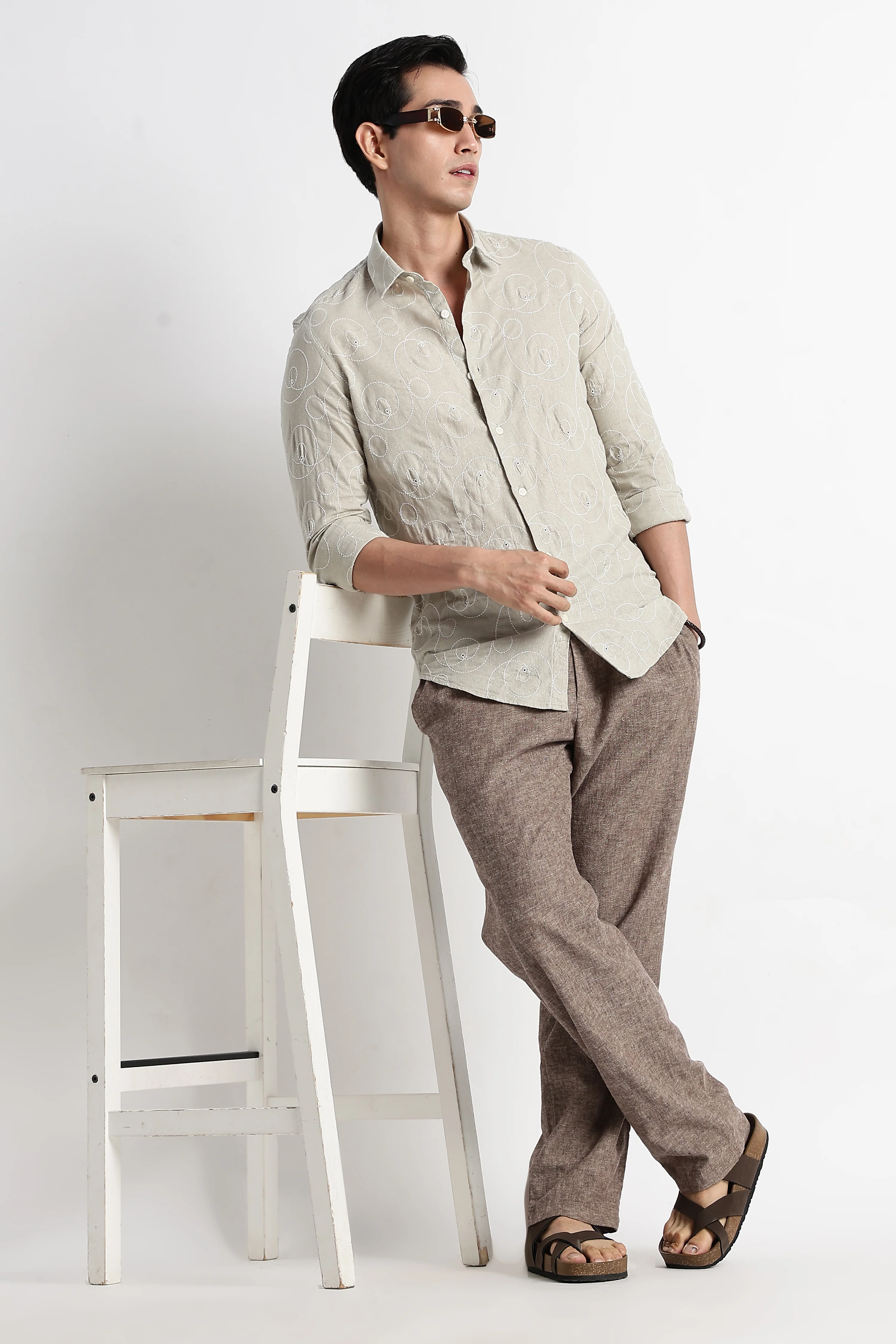 Men Textured Embroidered Cotton Shirt - Image 10