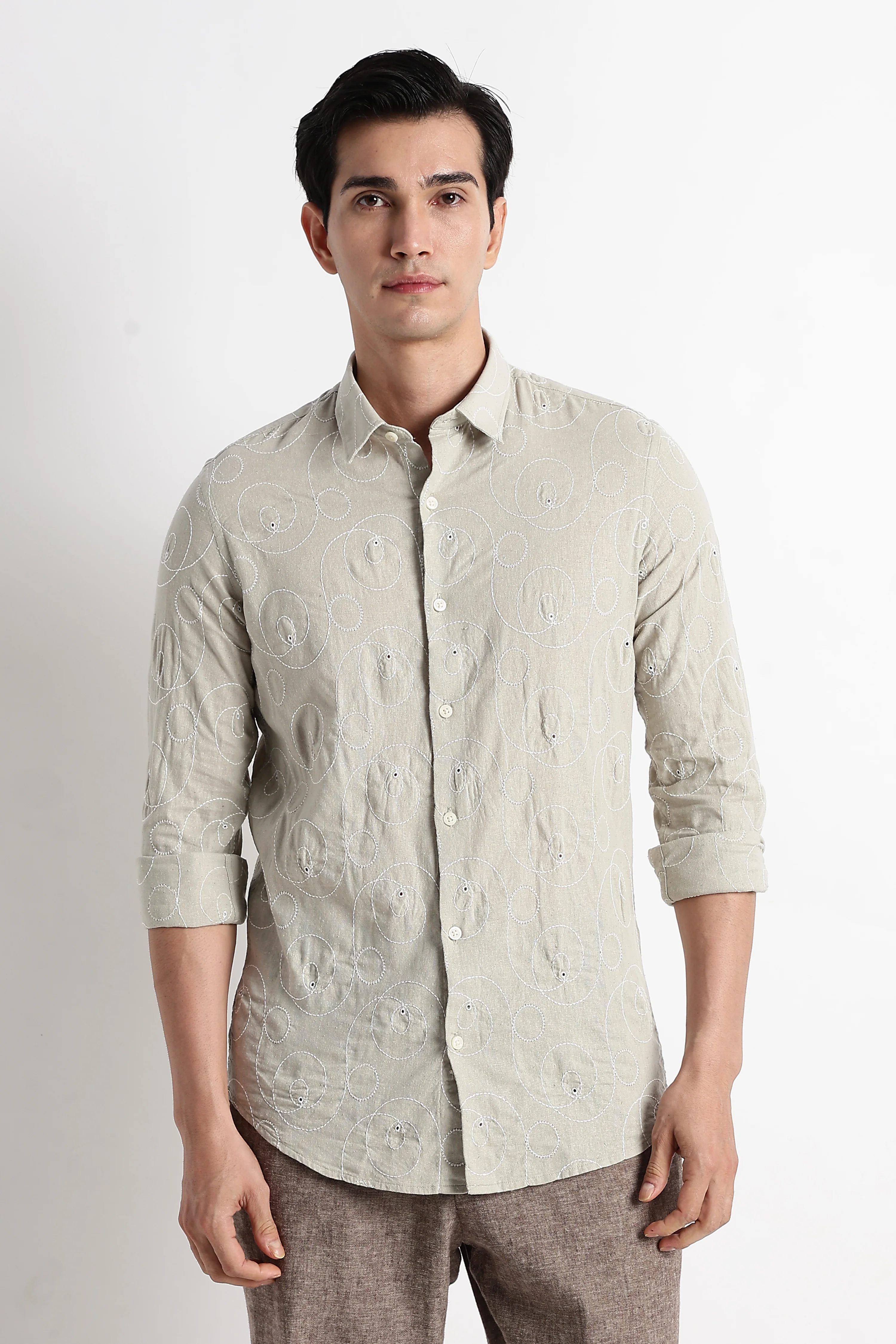 Men Textured Embroidered Cotton Shirt - Image 3