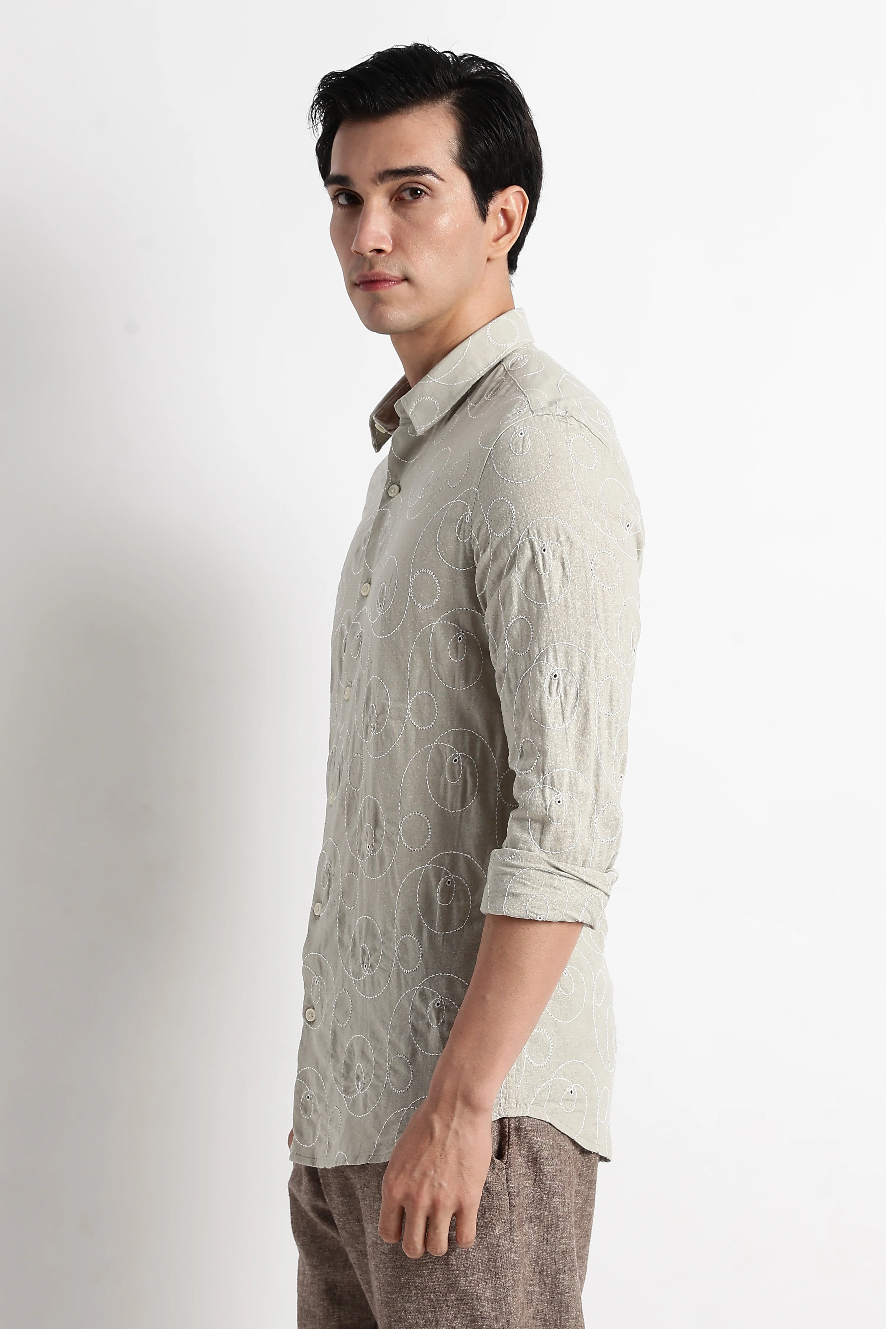 Men Textured Embroidered Cotton Shirt - Image 4