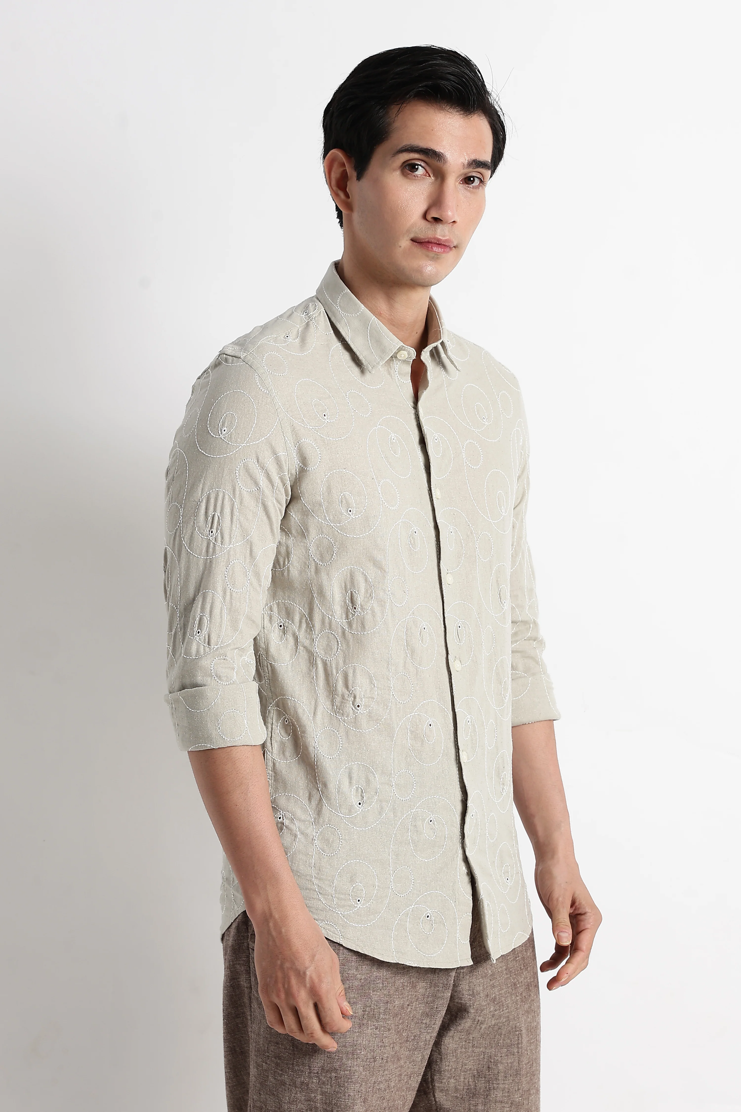 Men Textured Embroidered Cotton Shirt - Image 5