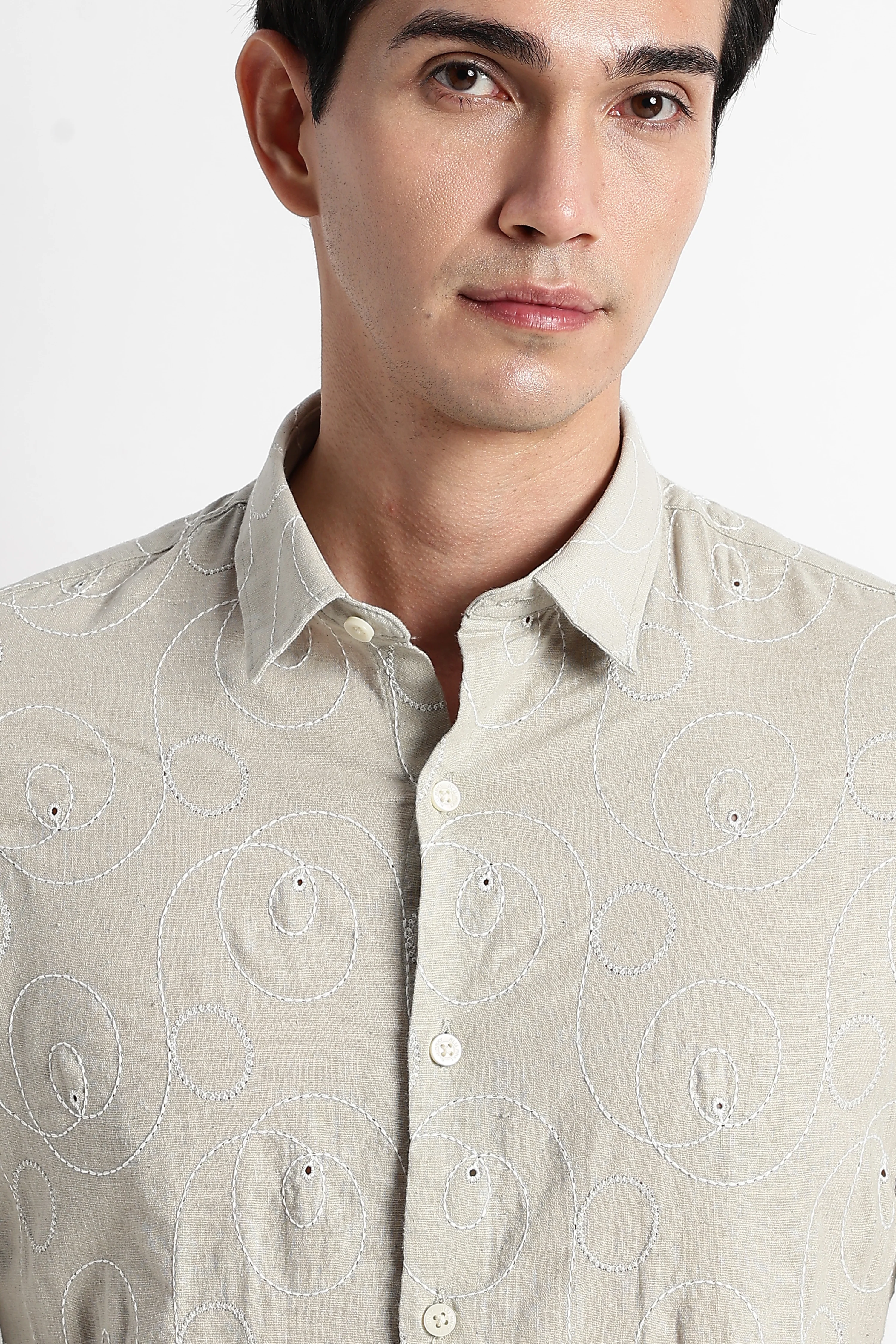 Men Textured Embroidered Cotton Shirt - Image 6