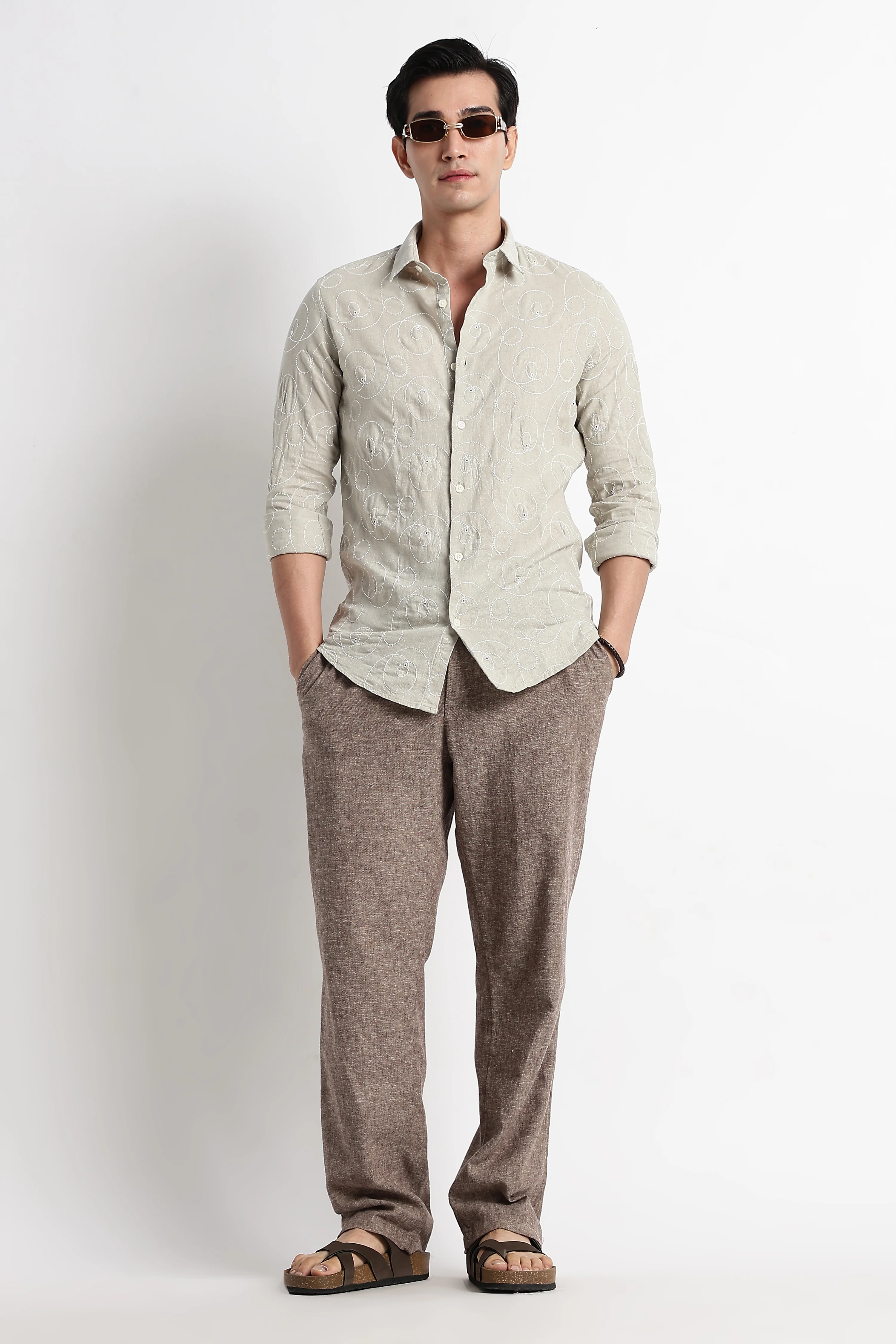 Men Textured Embroidered Cotton Shirt - Image 7