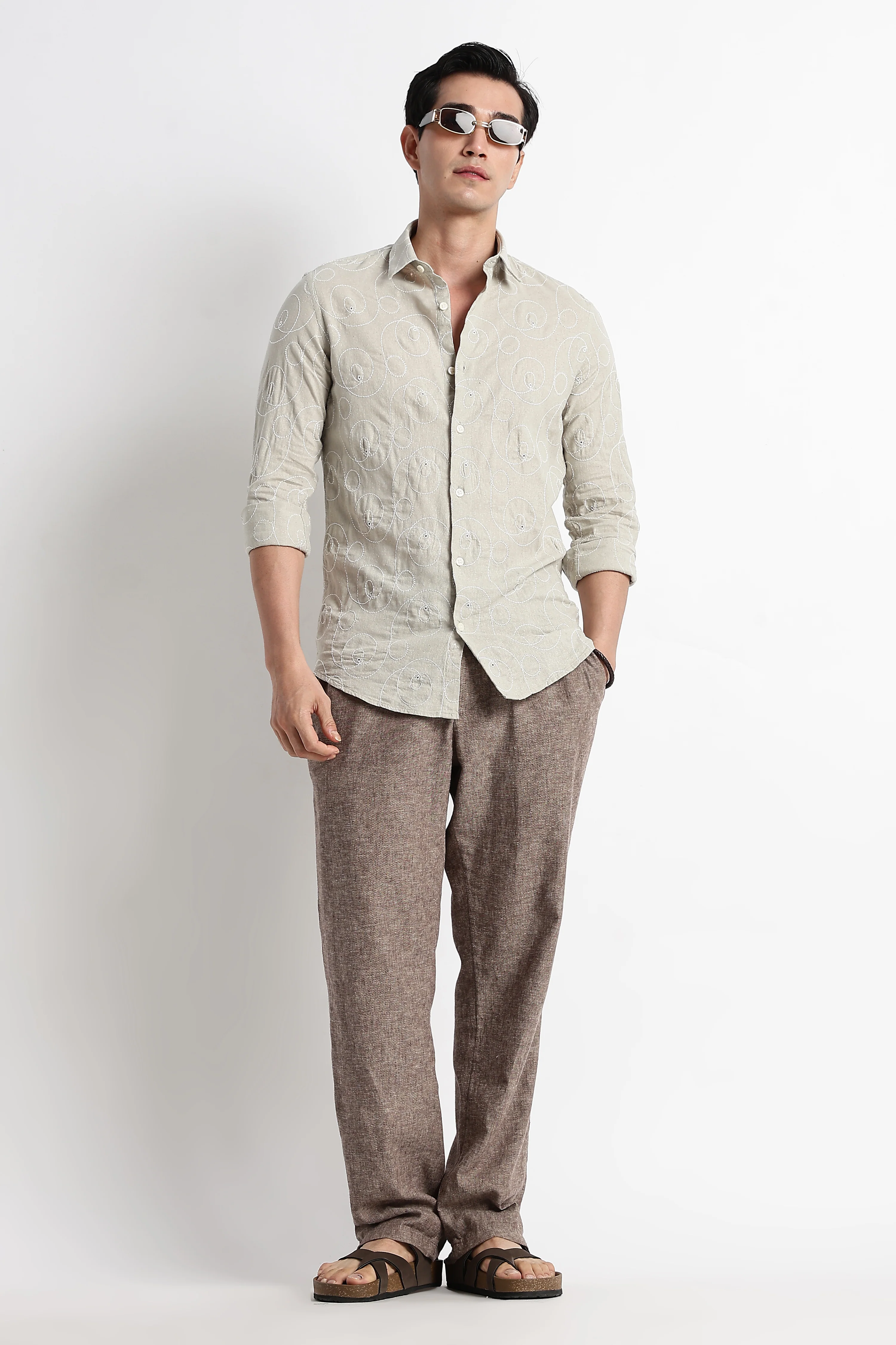 Men Textured Embroidered Cotton Shirt - Image 8