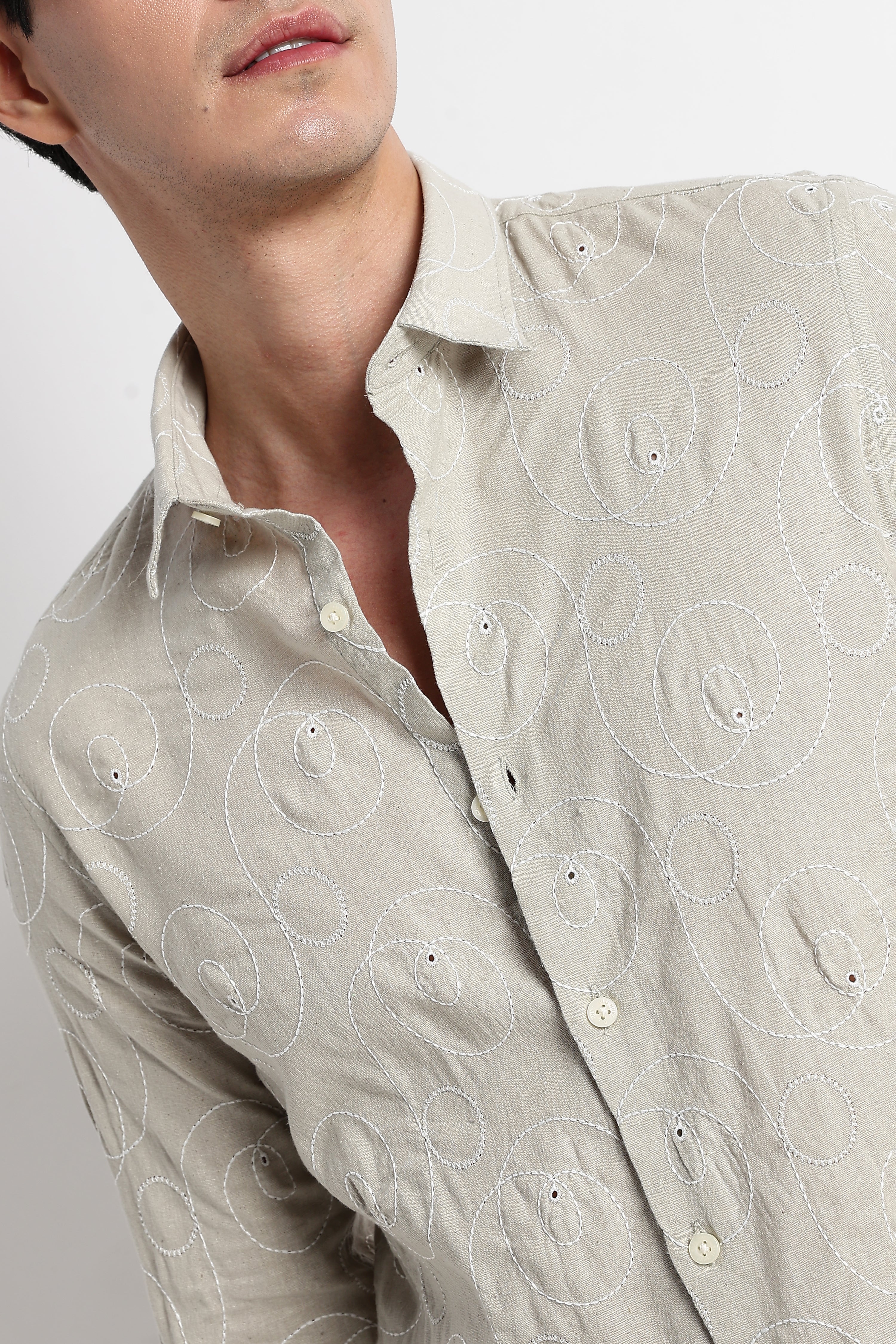 Men Textured Embroidered Cotton Shirt - Image 9