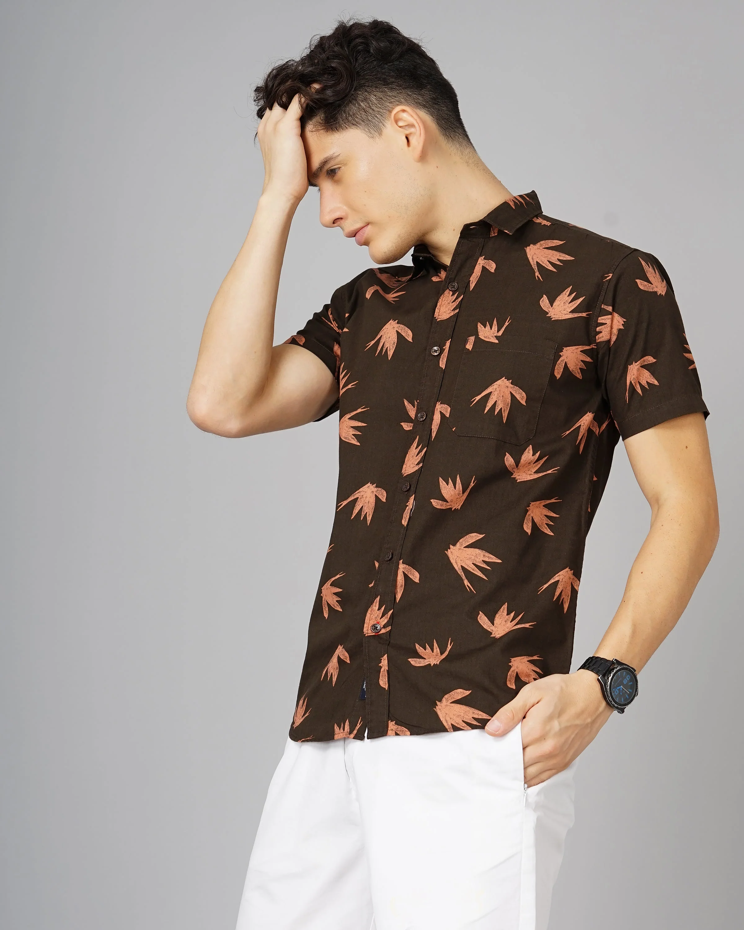 Men Tidy Brown Floral Shirt - Image 3