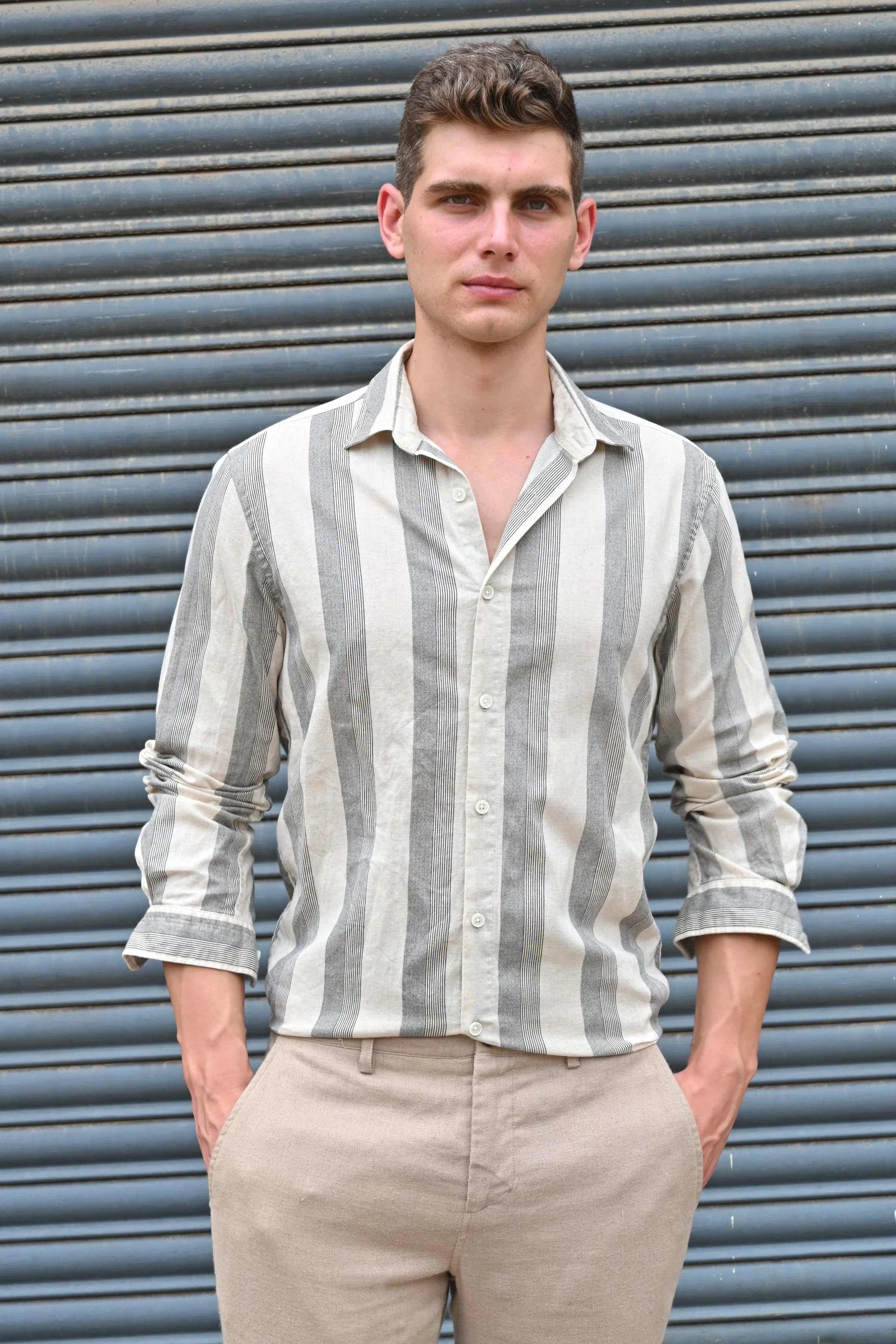 Men Tommy Linen Striped Shirt Black - Image 4