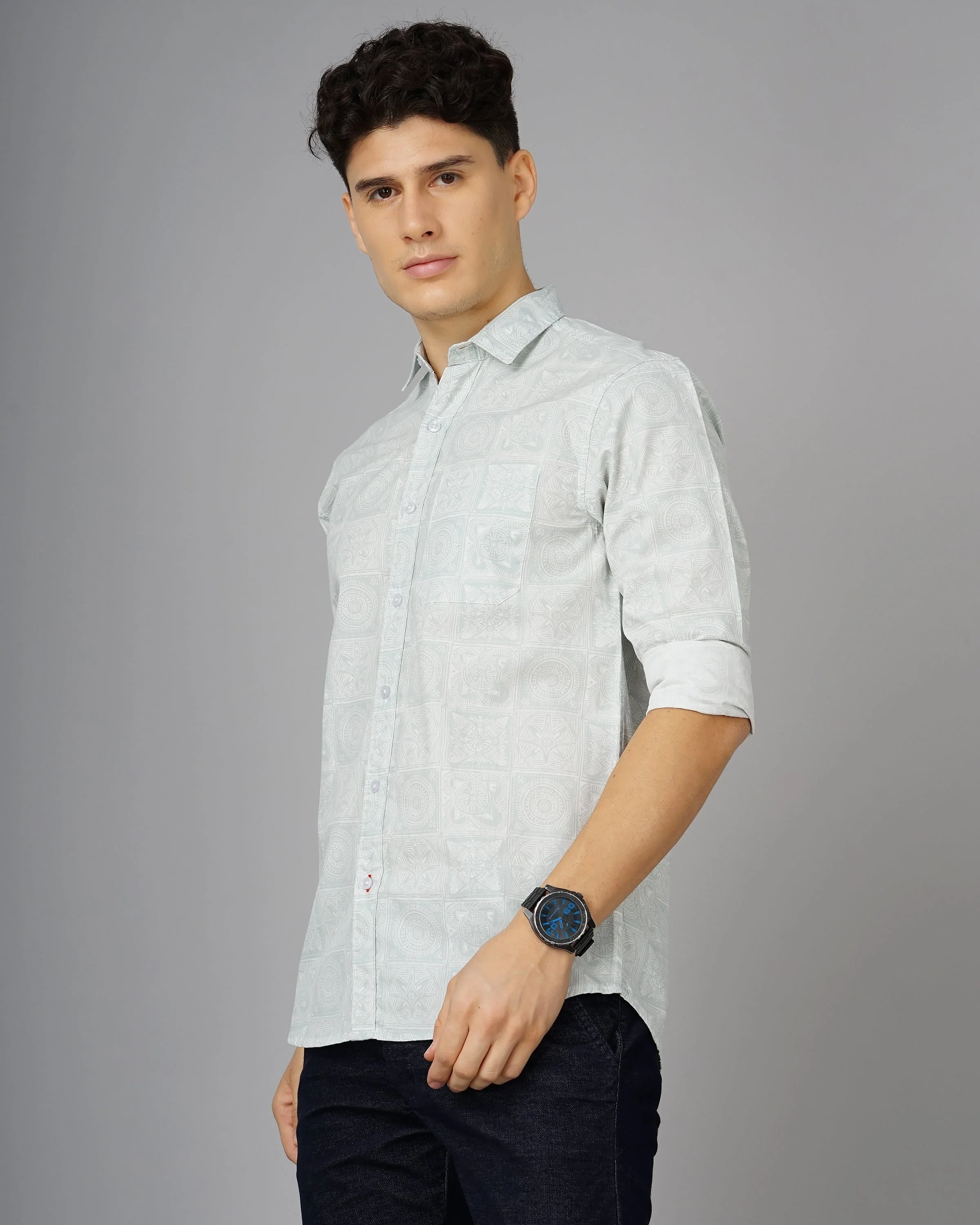 Men Tribal Green Printed Shirt - Image 3