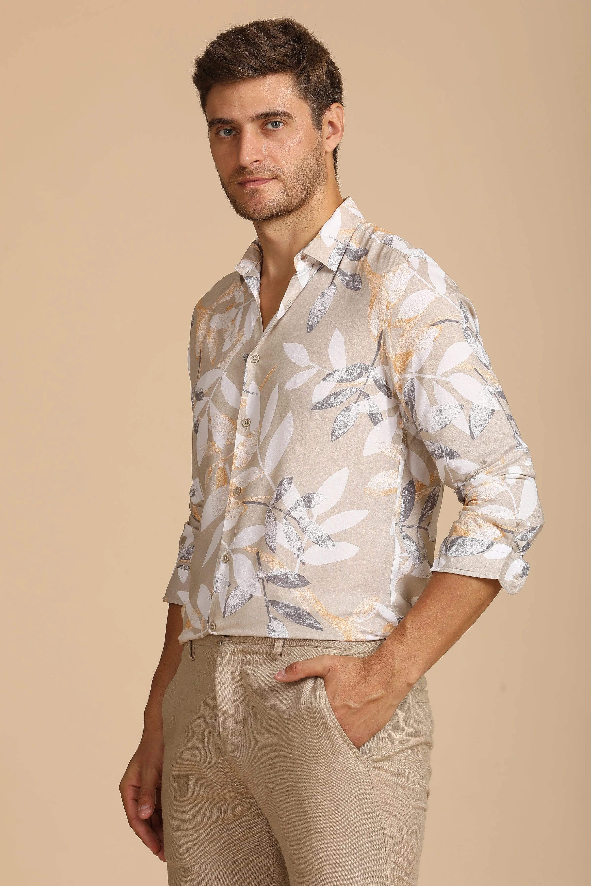 Men Tropical Viscose Printed Shirt Beige - Image 3