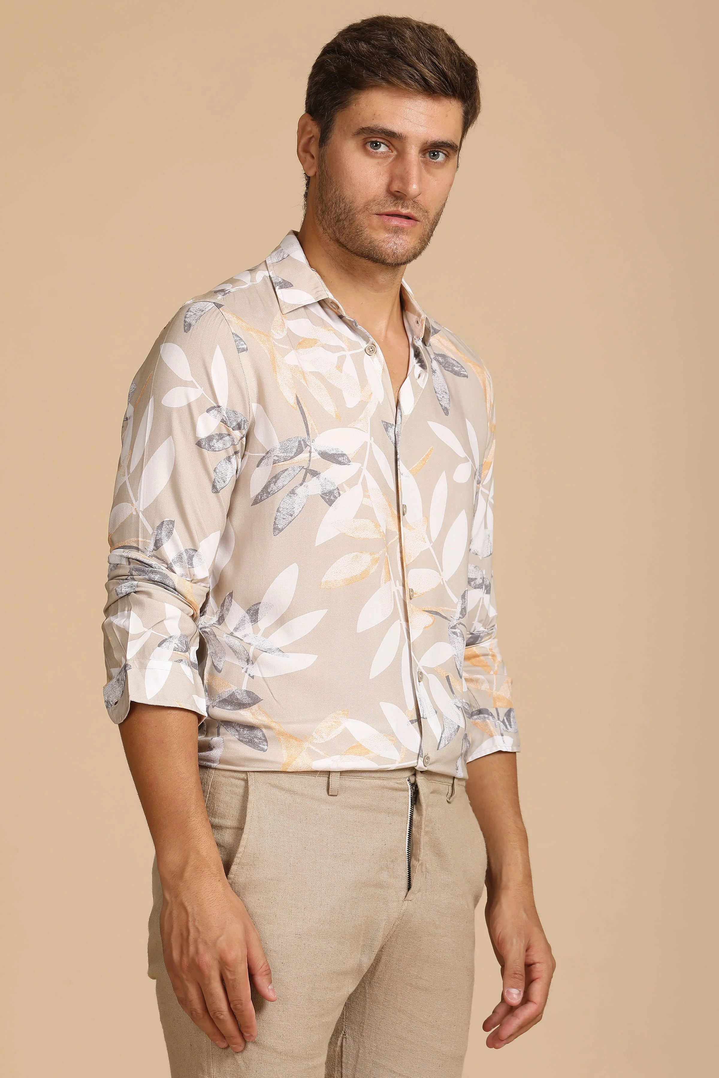 Men Tropical Viscose Printed Shirt Beige - Image 4