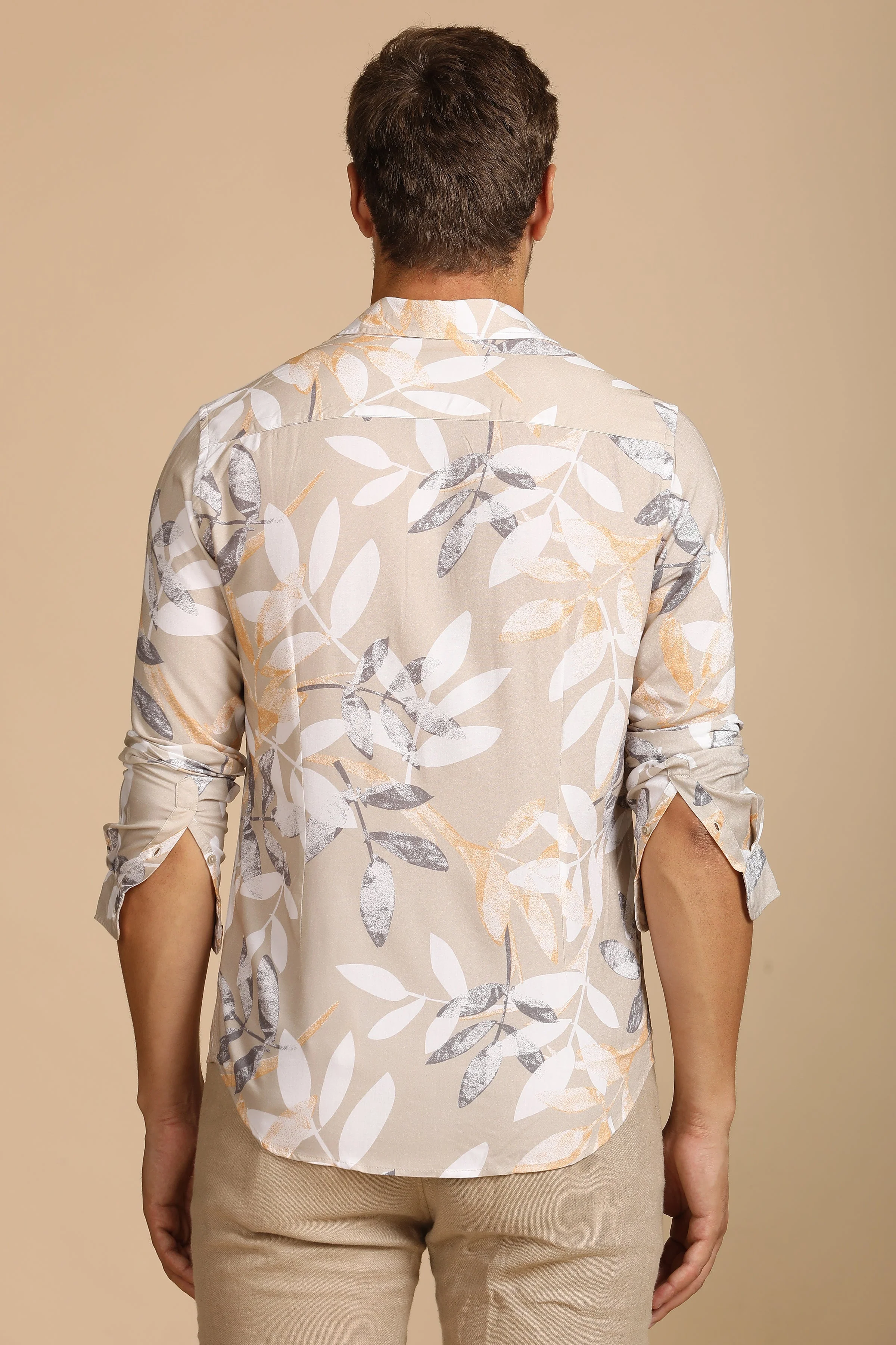 Men Tropical Viscose Printed Shirt Beige - Image 6