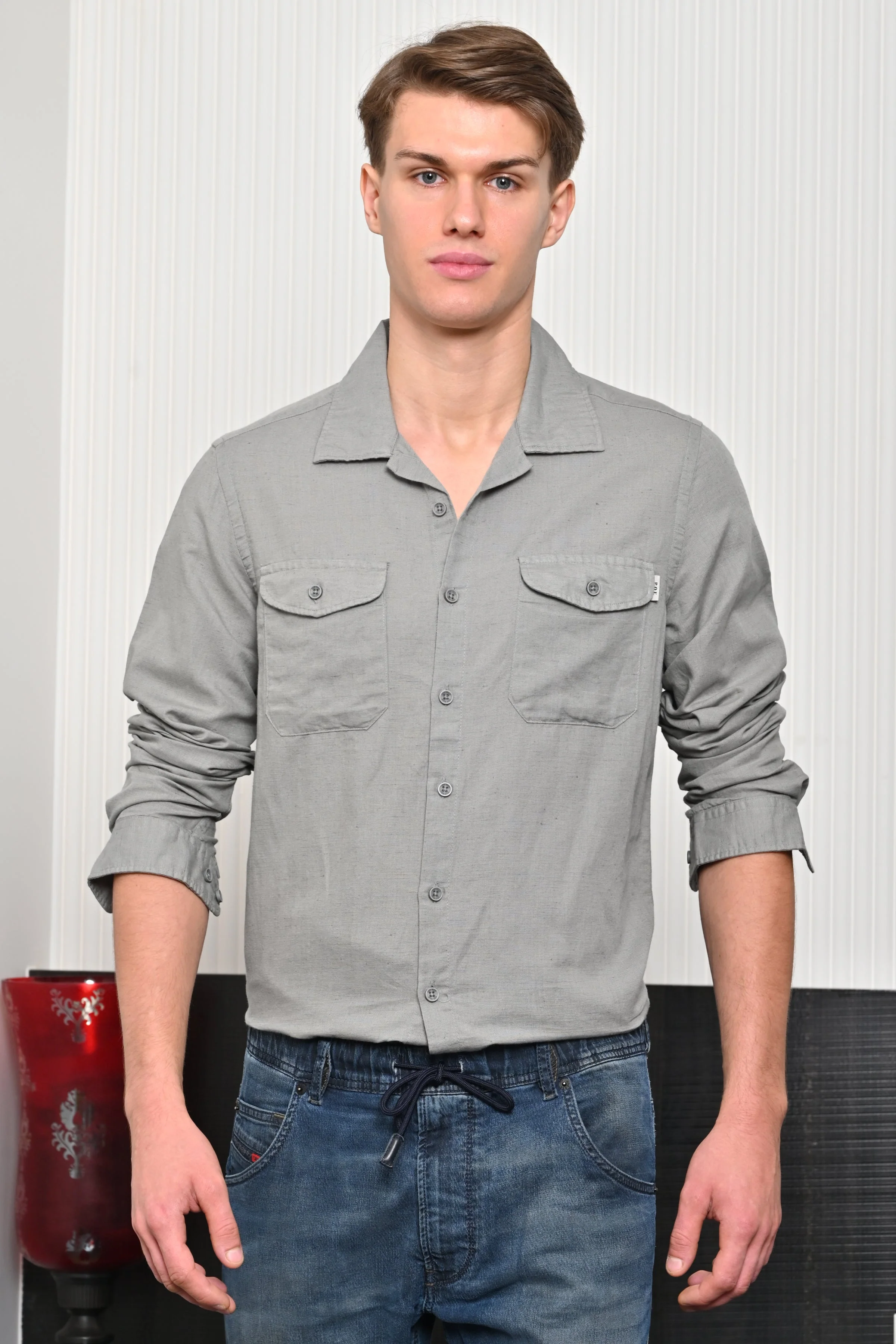 Men Turk Pocketed Cotton Linen Shirt Grey - Image 3