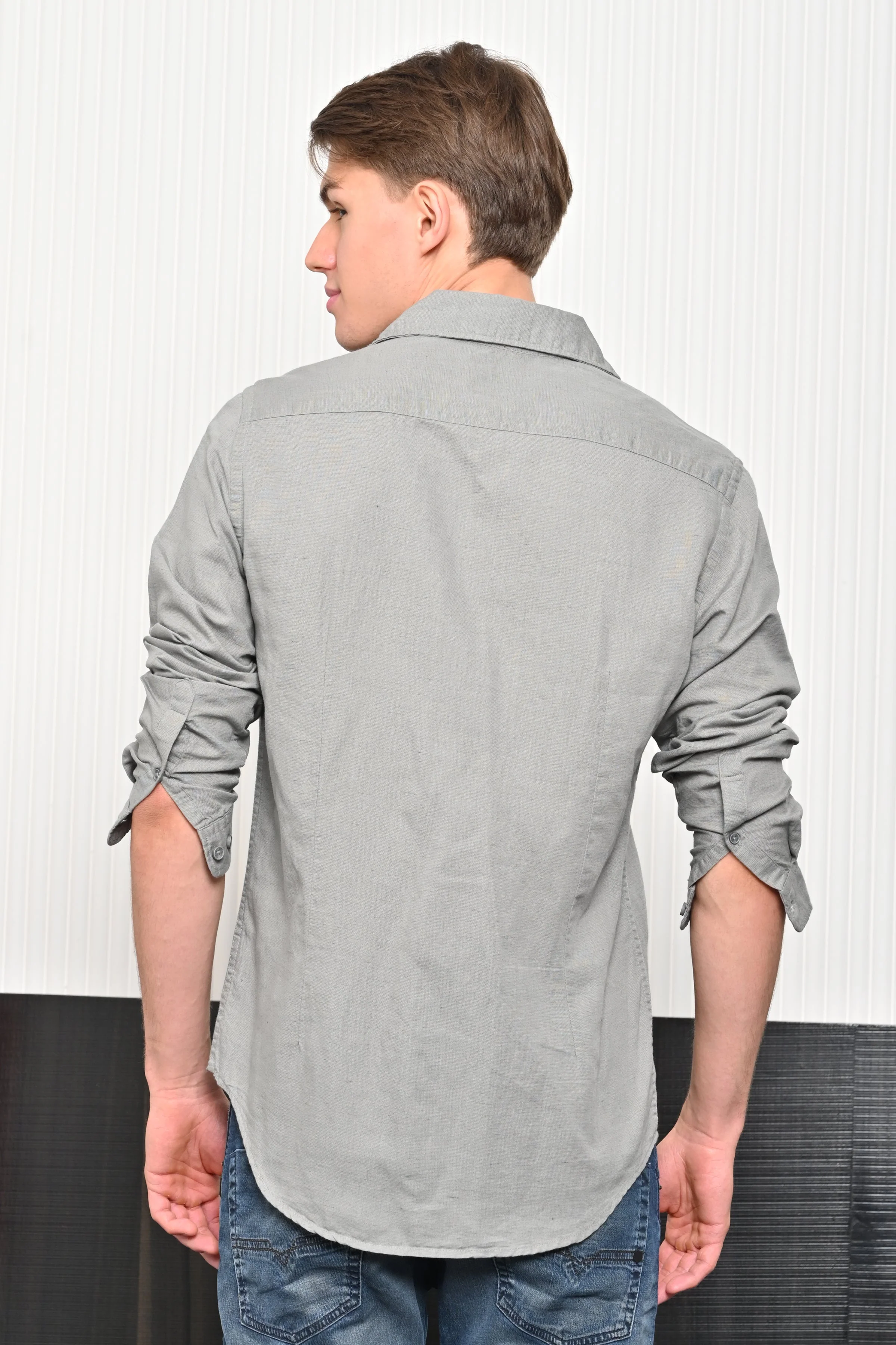 Men Turk Pocketed Cotton Linen Shirt Grey - Image 5
