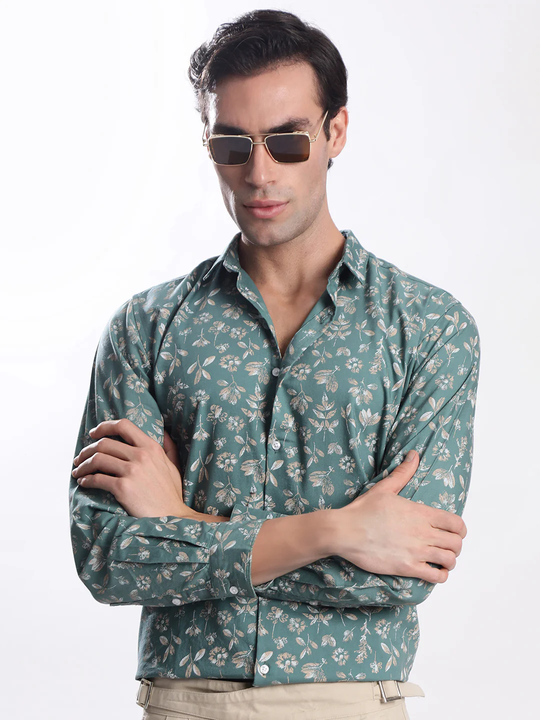 Men Turquoise Floral Printed Shirt - Image 3