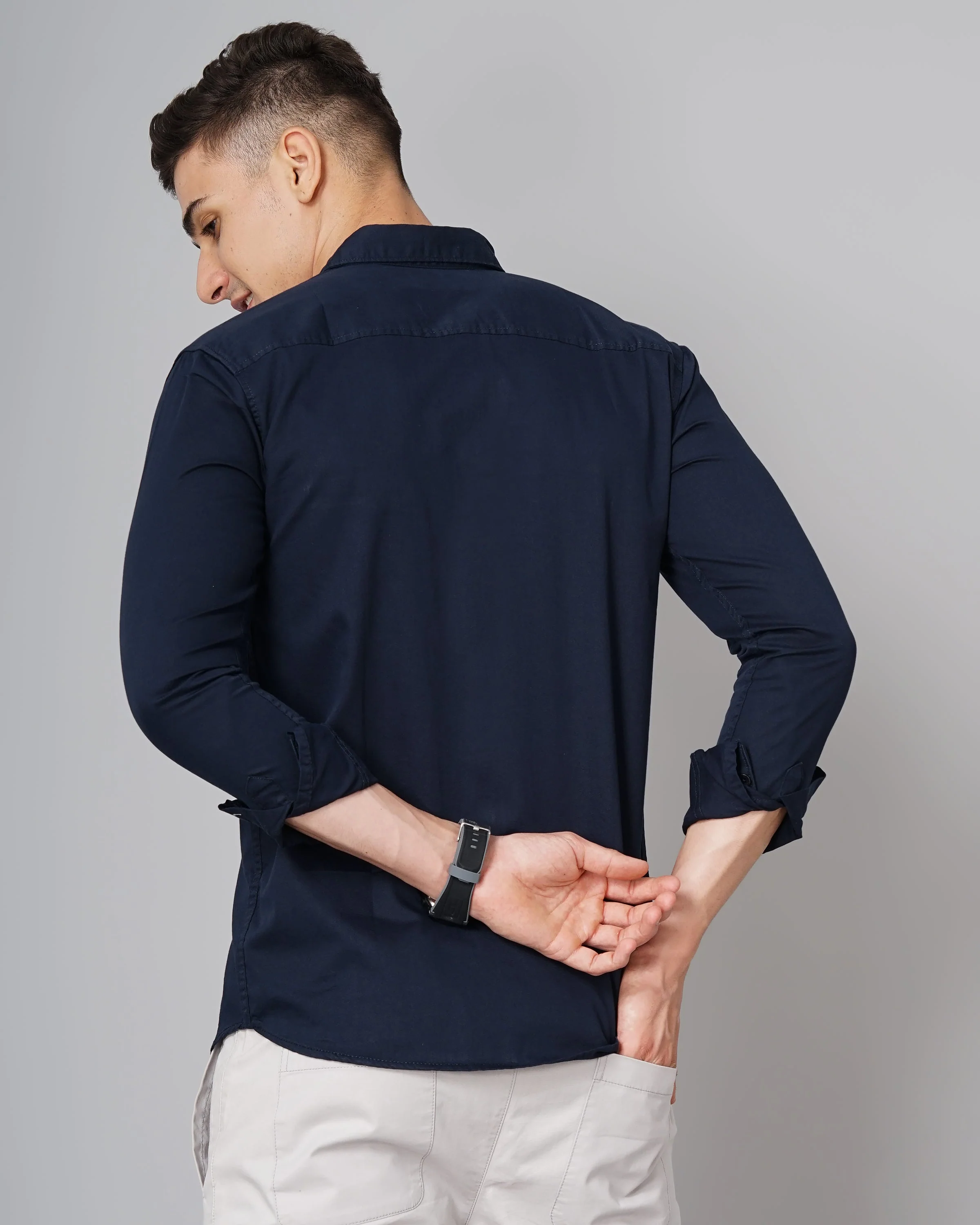 Men Twill Navy Solid Shirt - Image 2