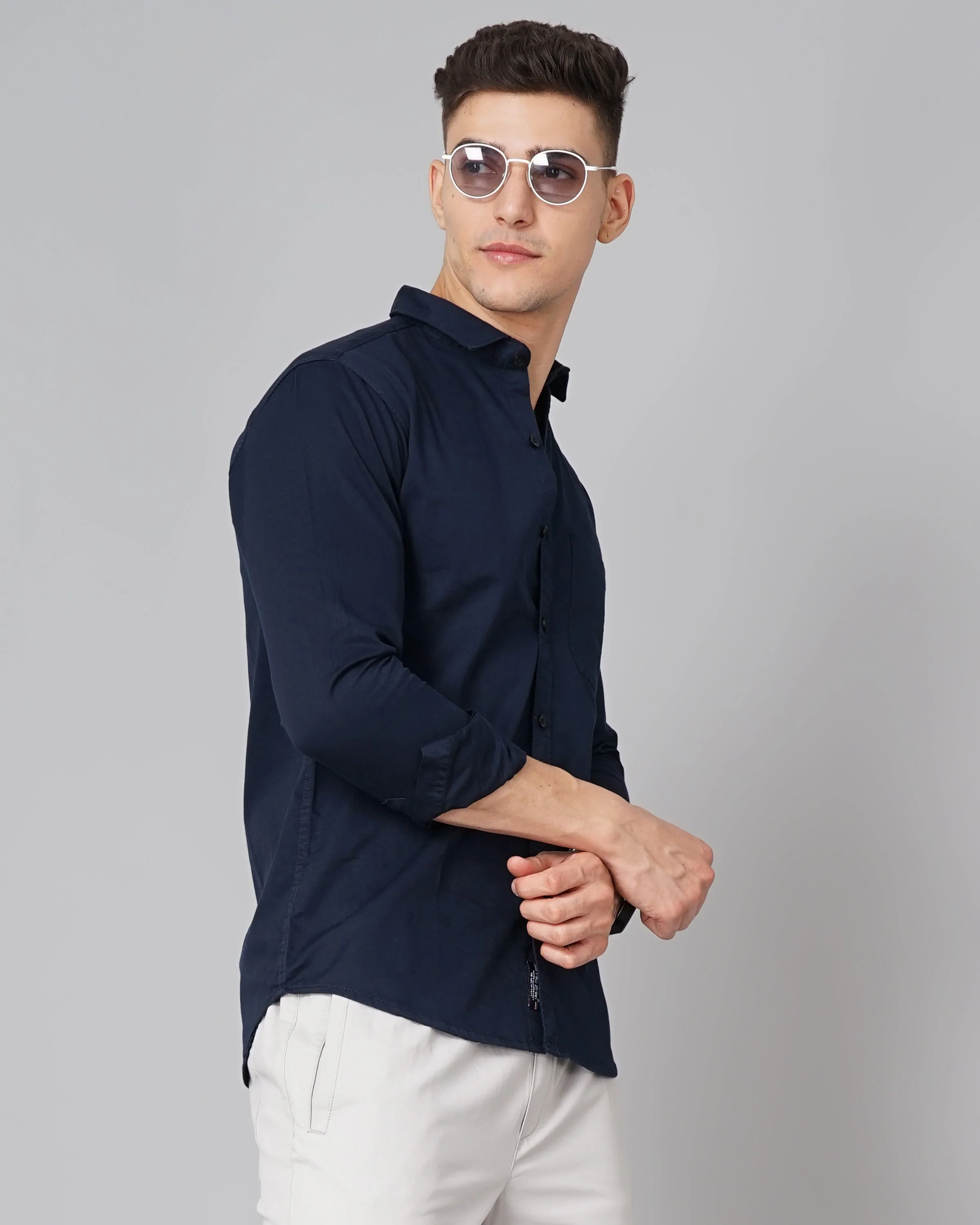 Men Twill Navy Solid Shirt - Image 3