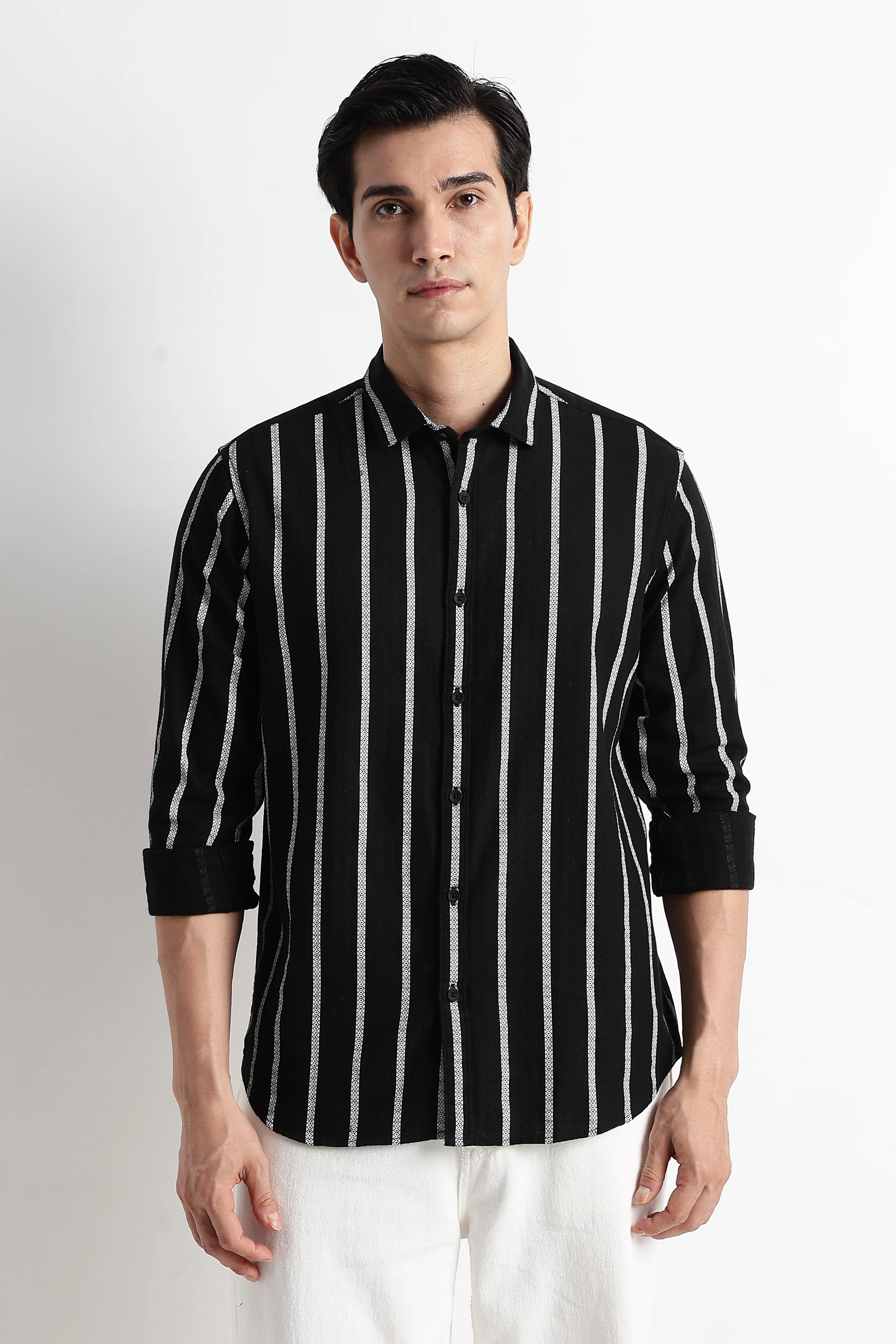 Men Vertical Stripe Textured Shirt - Image 9