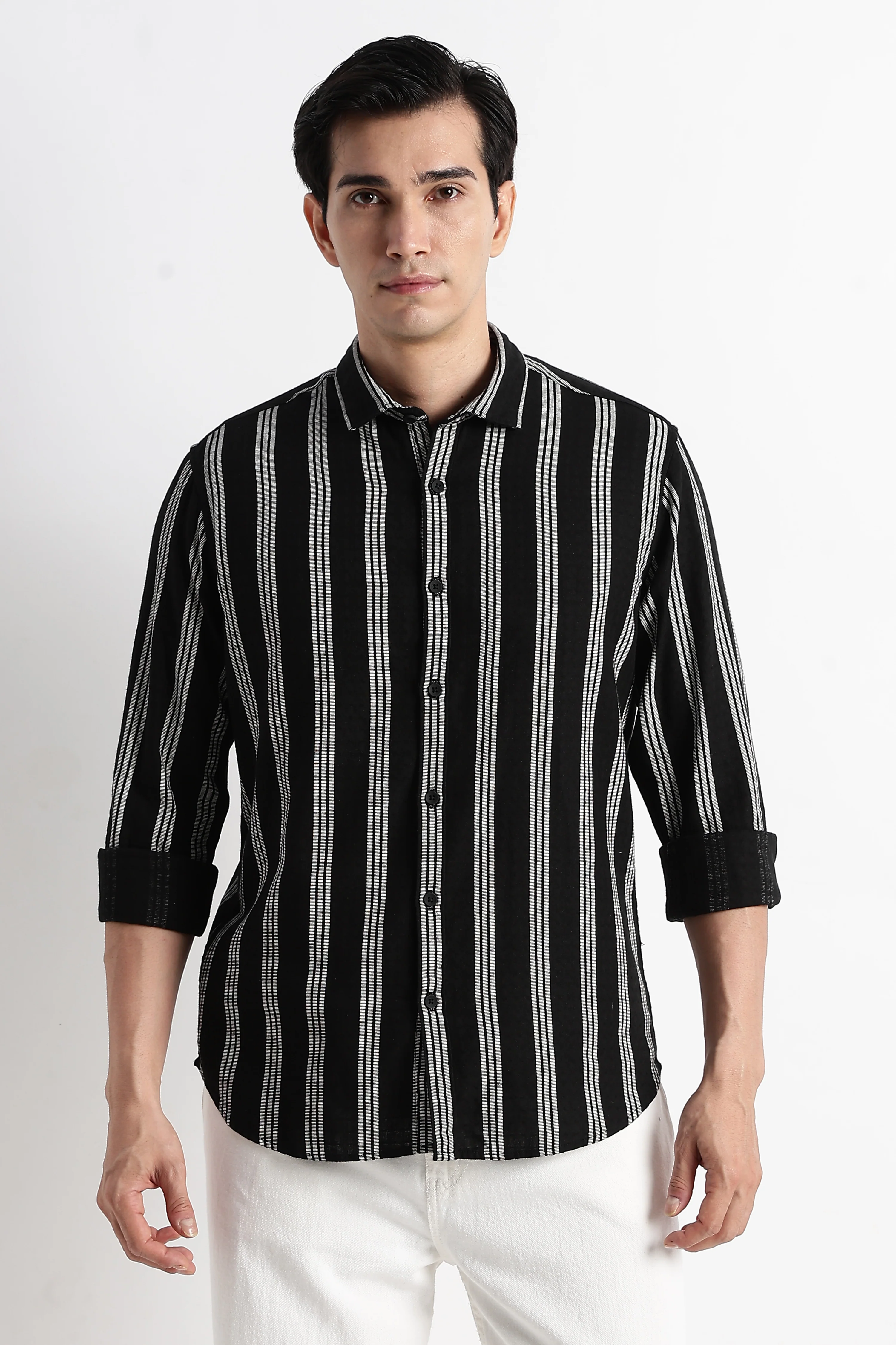Men Vertical Stripe Textured Shirt - Image 7
