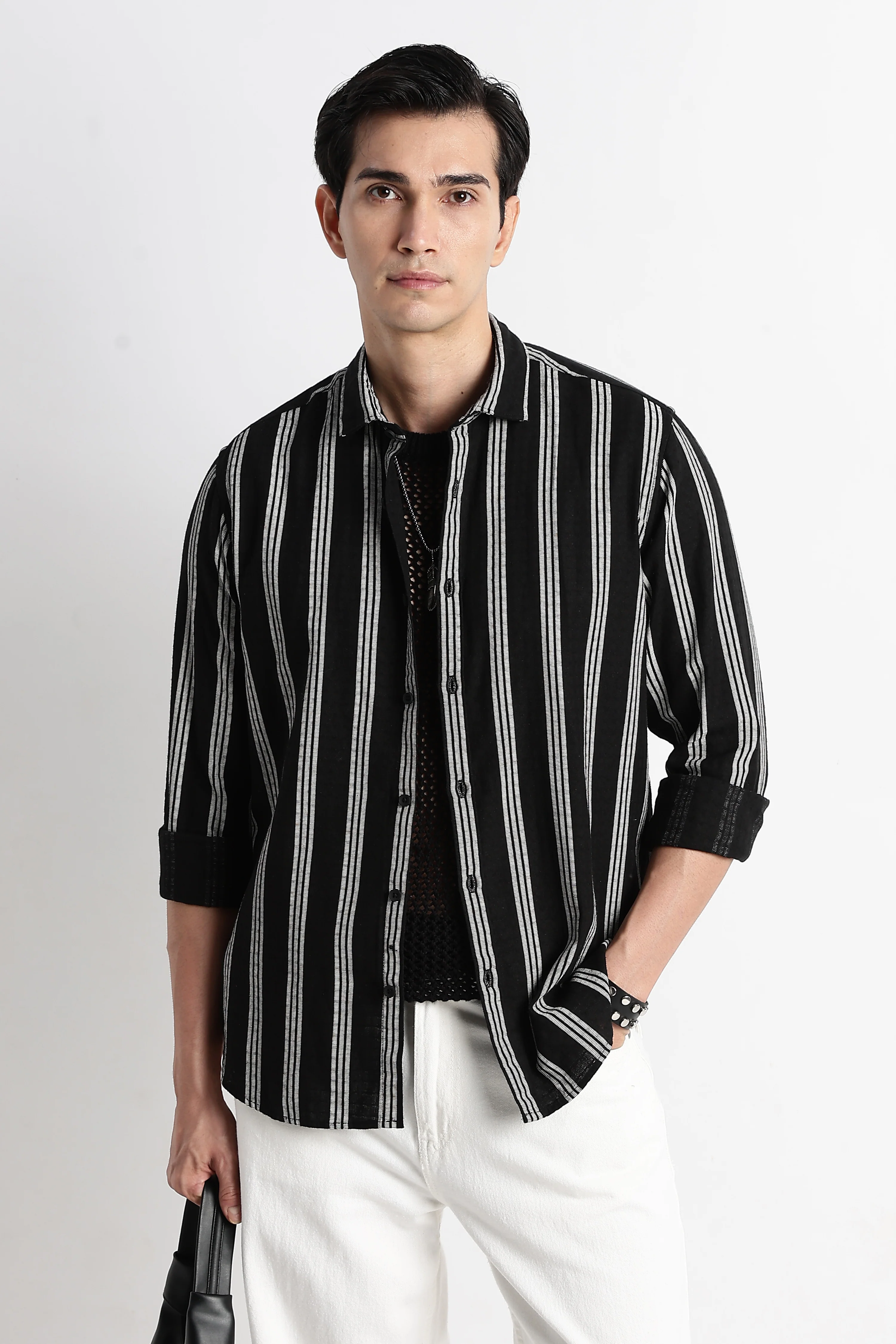 Men Vertical Stripe Textured Shirt - Image 9