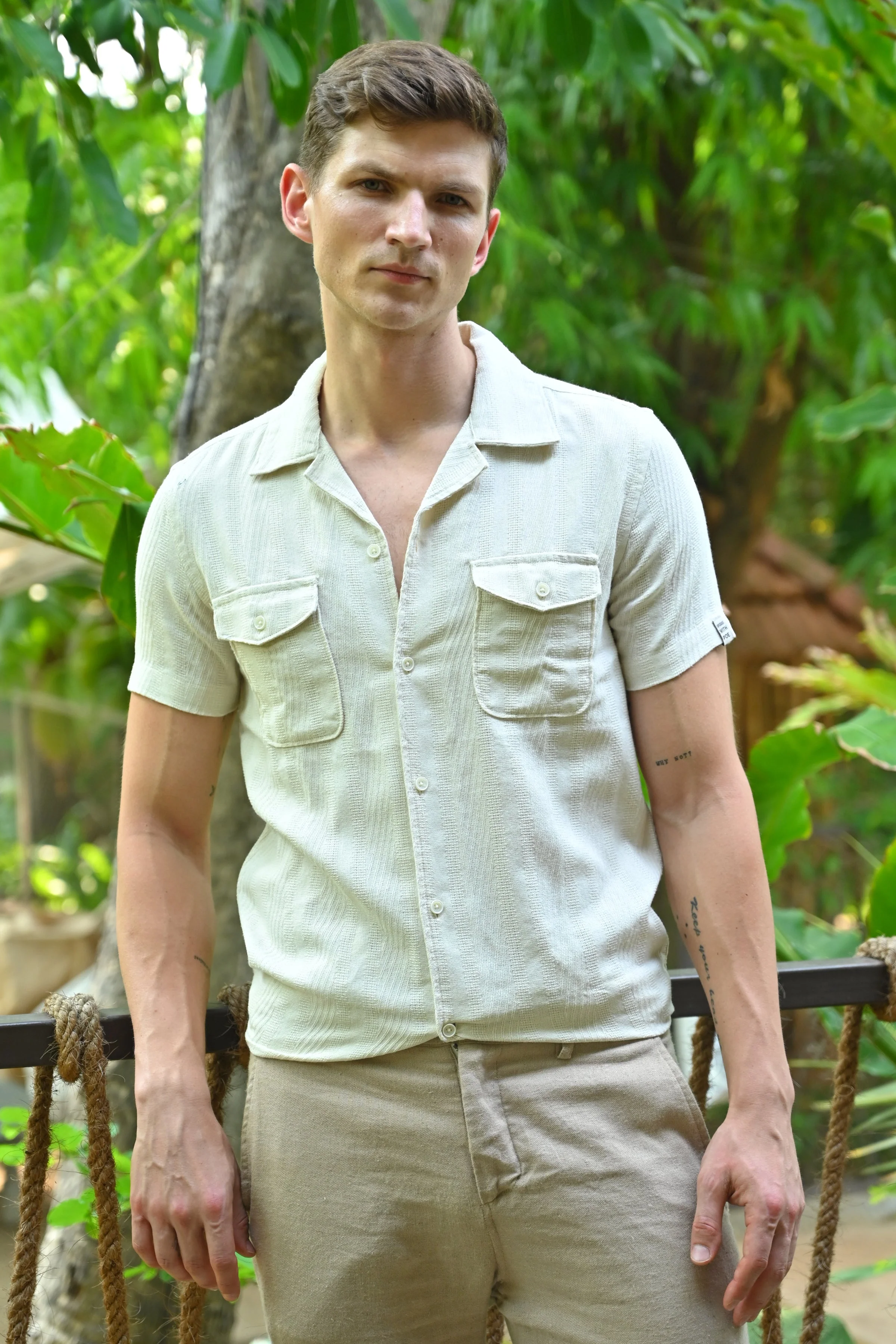 Men Walker Structured Pocketed Plain Shirt Cream - Image 4