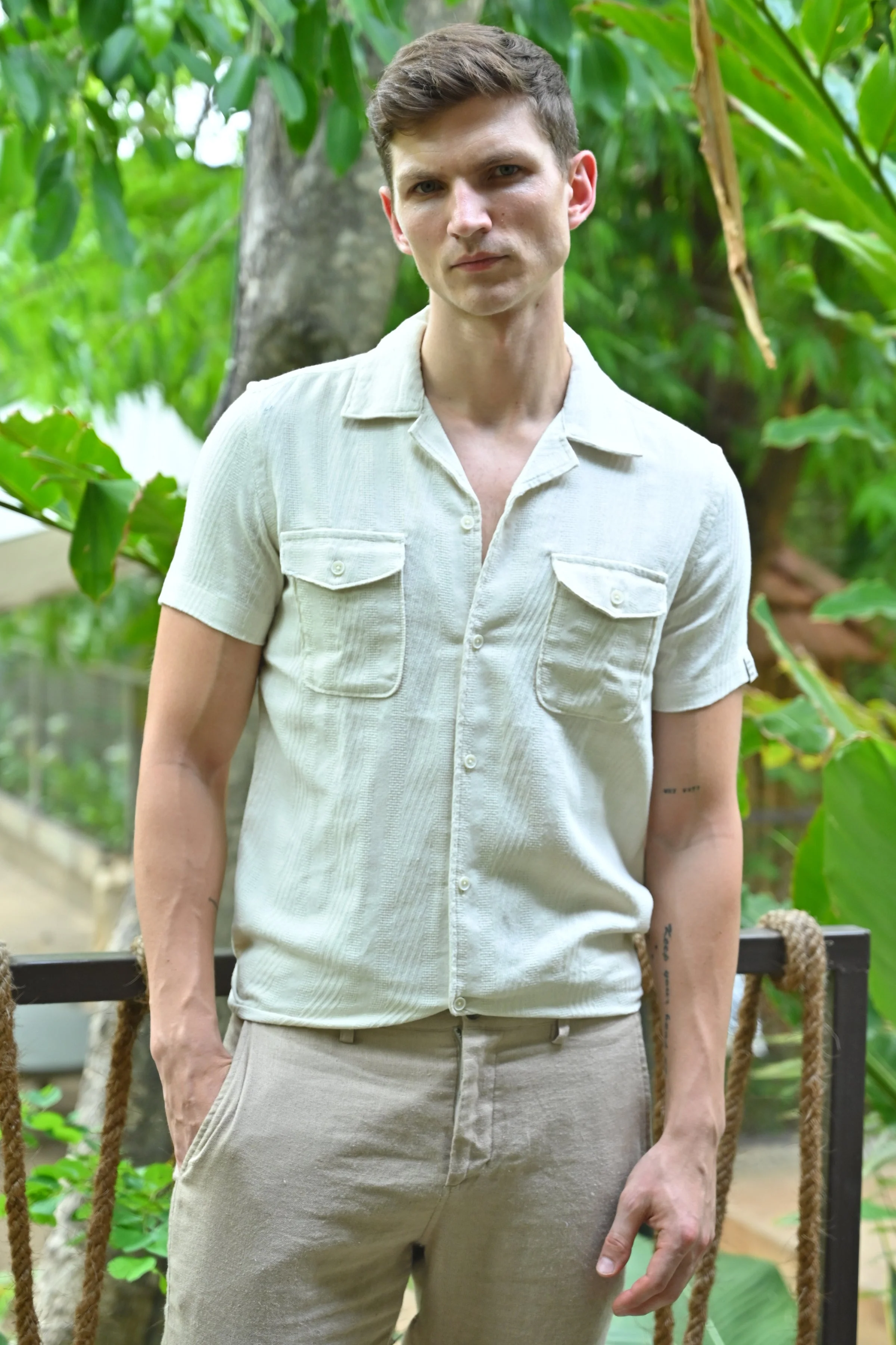 Men Walker Structured Pocketed Plain Shirt Cream - Image 7