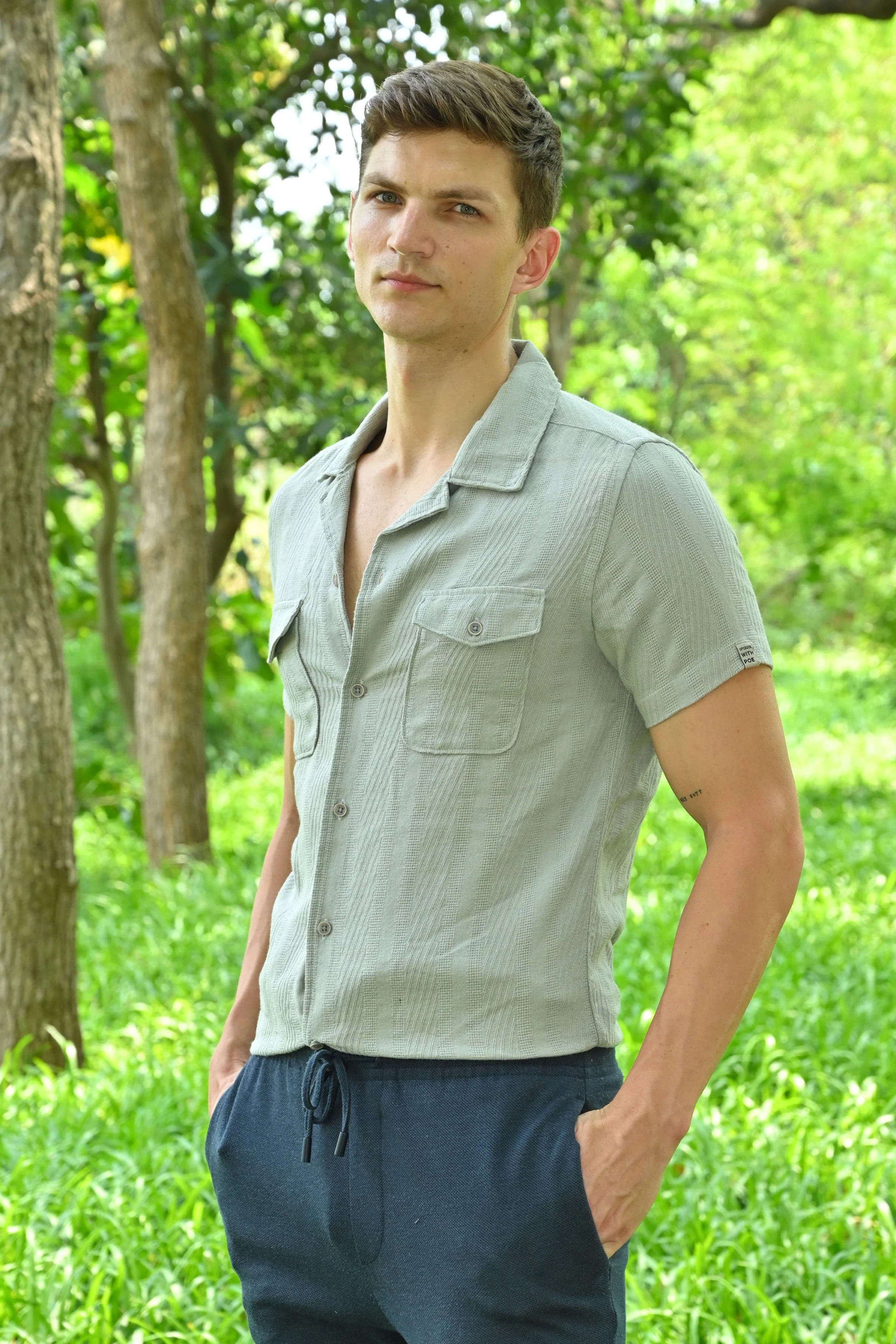 Men Walker Structured Pocketed Plain Shirt Grey - Image 3