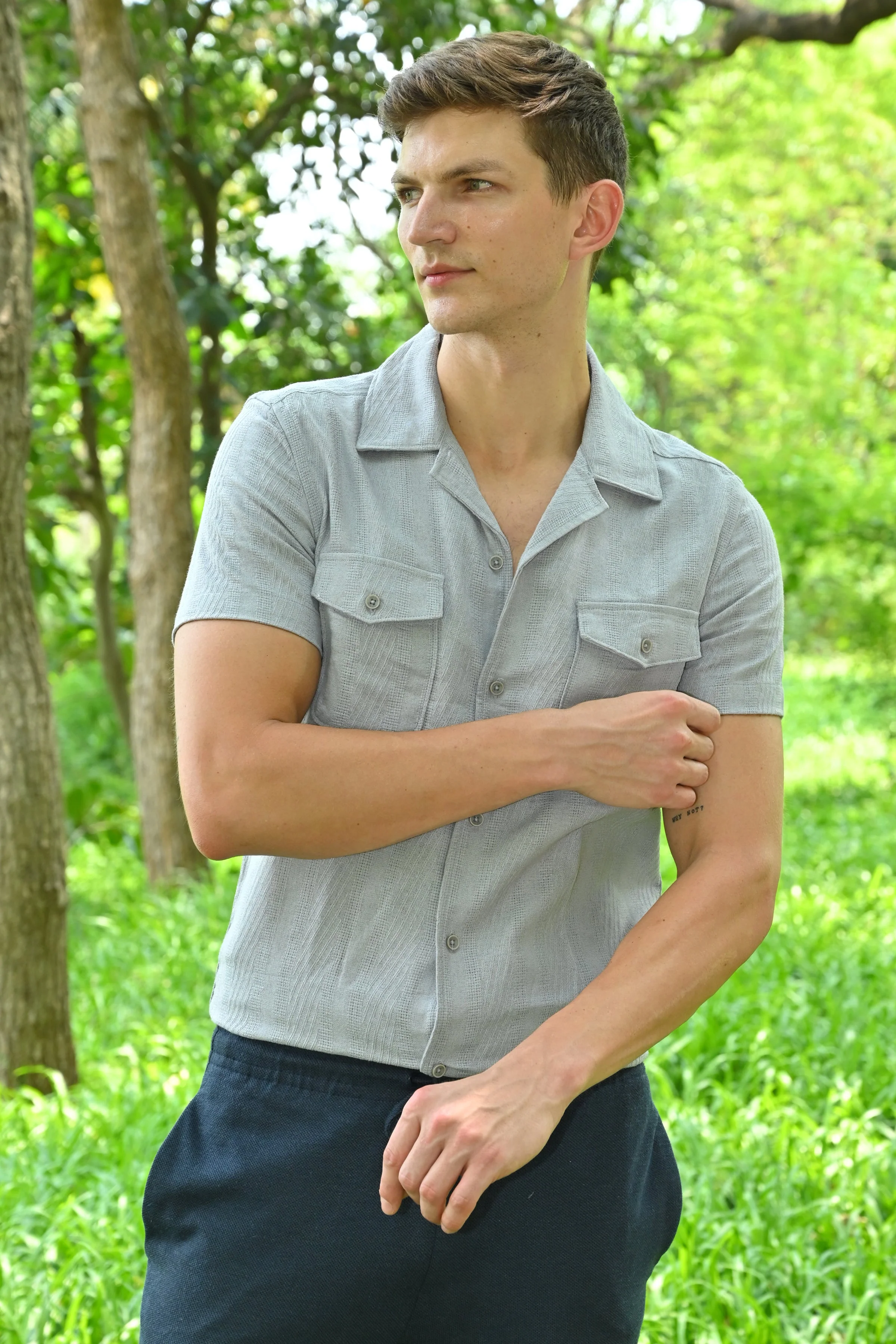Men Walker Structured Pocketed Plain Shirt Lavender - Image 2