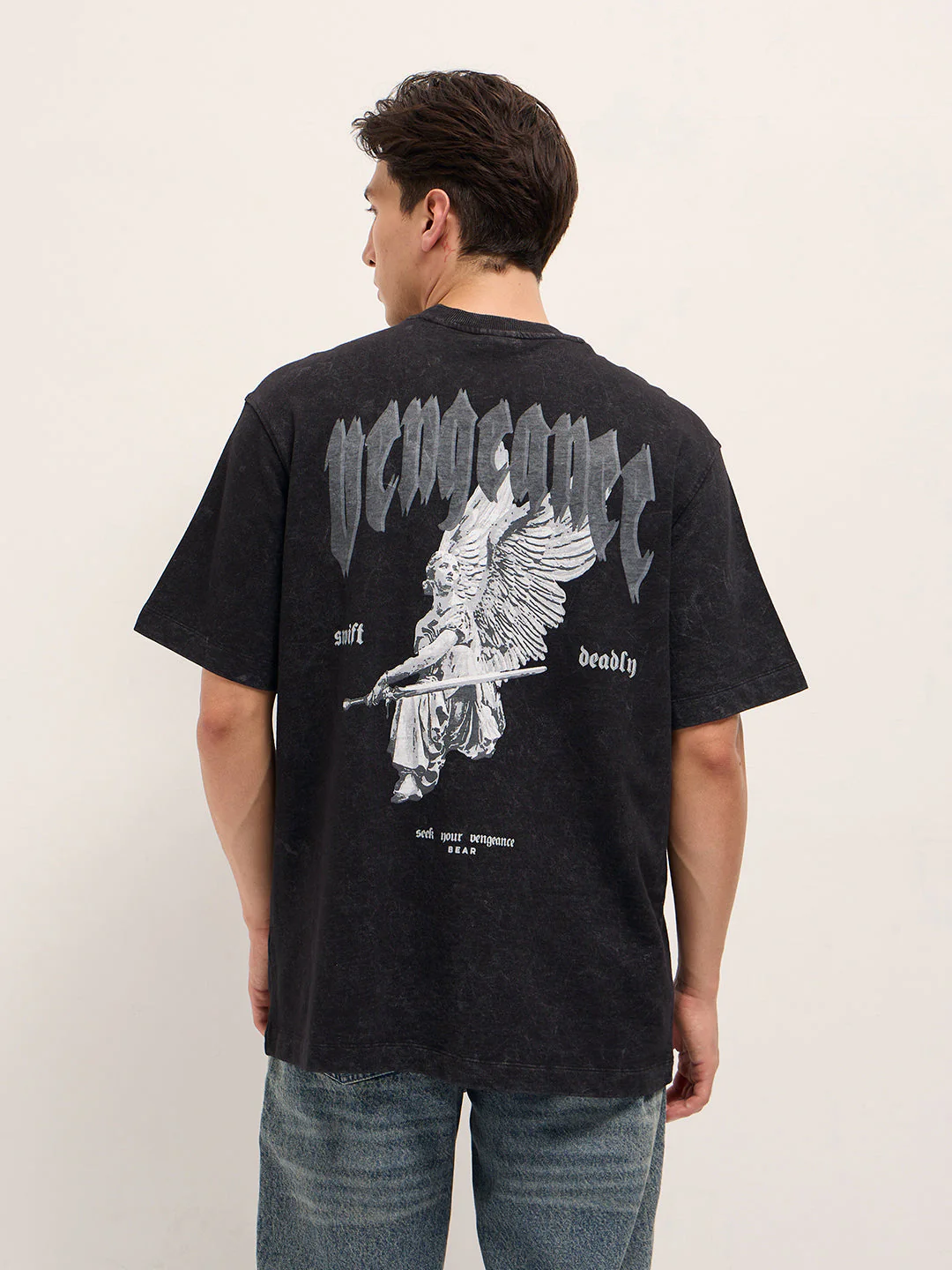 Men Washed Black Graphic Back Print Oversized Crew Neck T-Shirt - Image 3