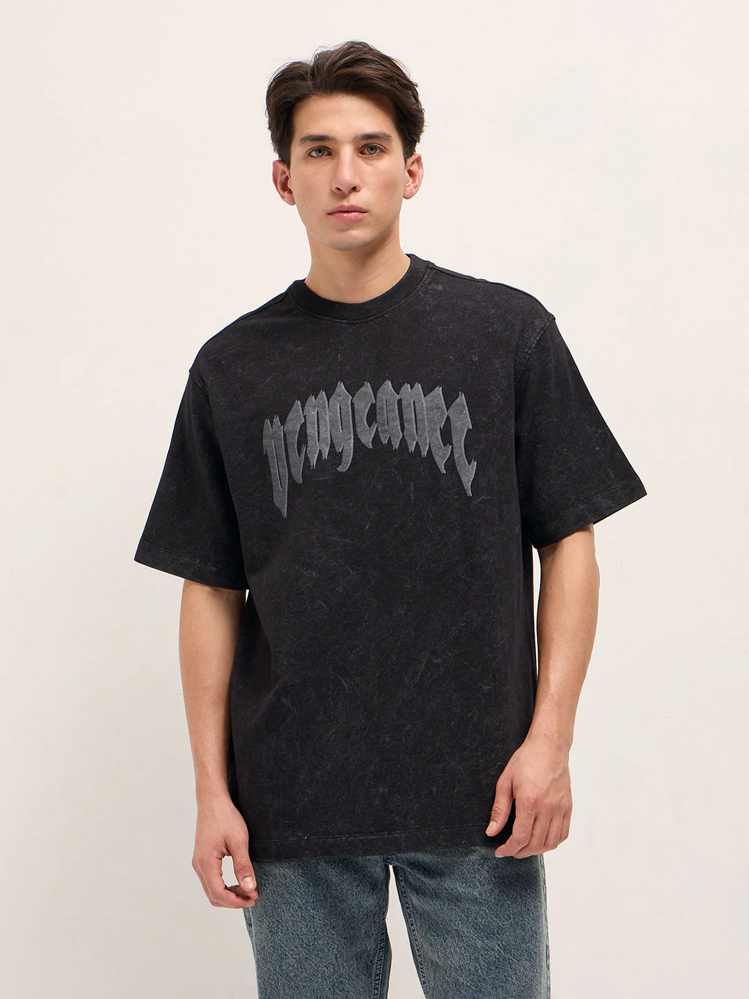 Men Washed Black Graphic Back Print Oversized Crew Neck T-Shirt - Image 6