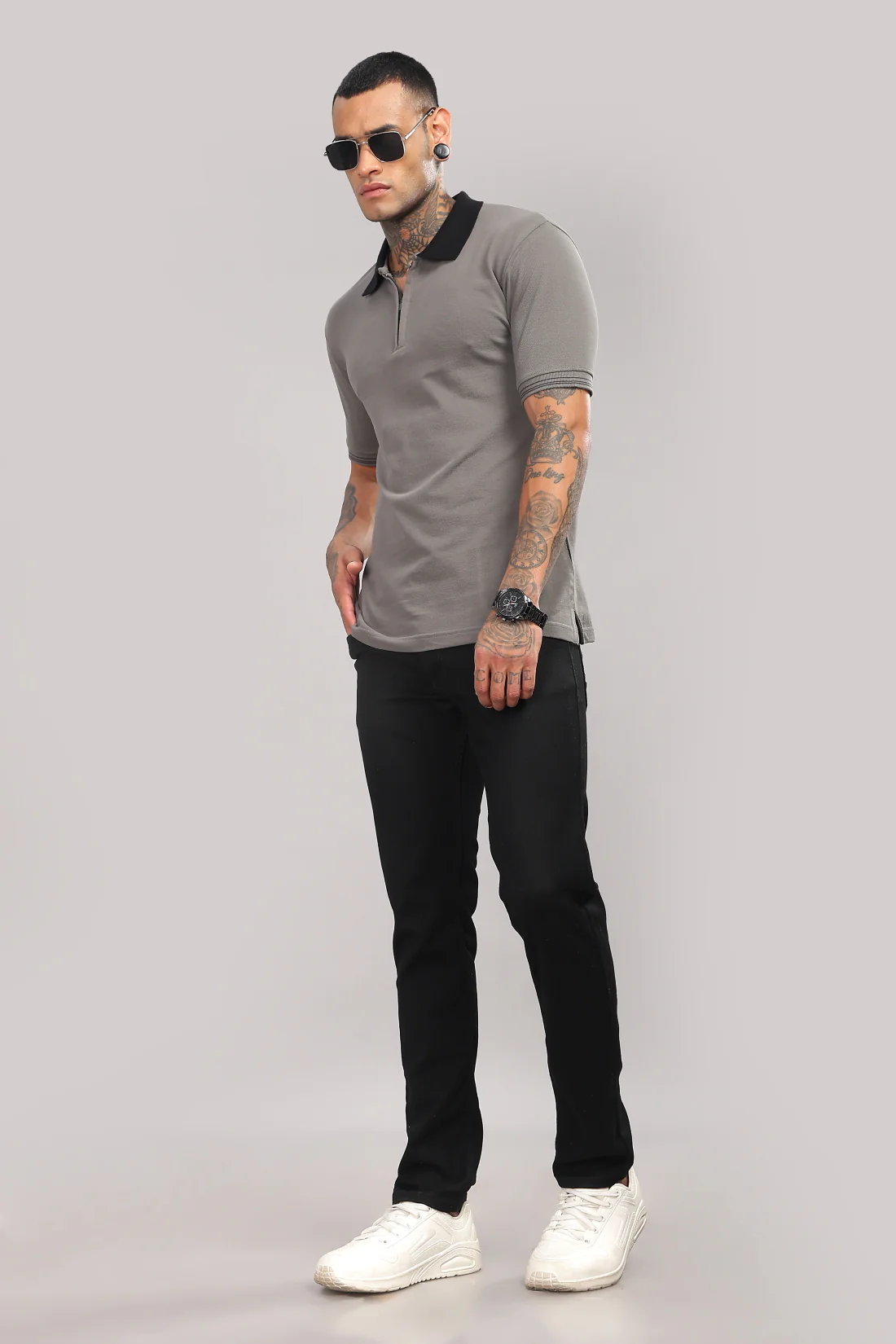 Men Web Grey Regular Fit Polo T-Shirt - Image 3