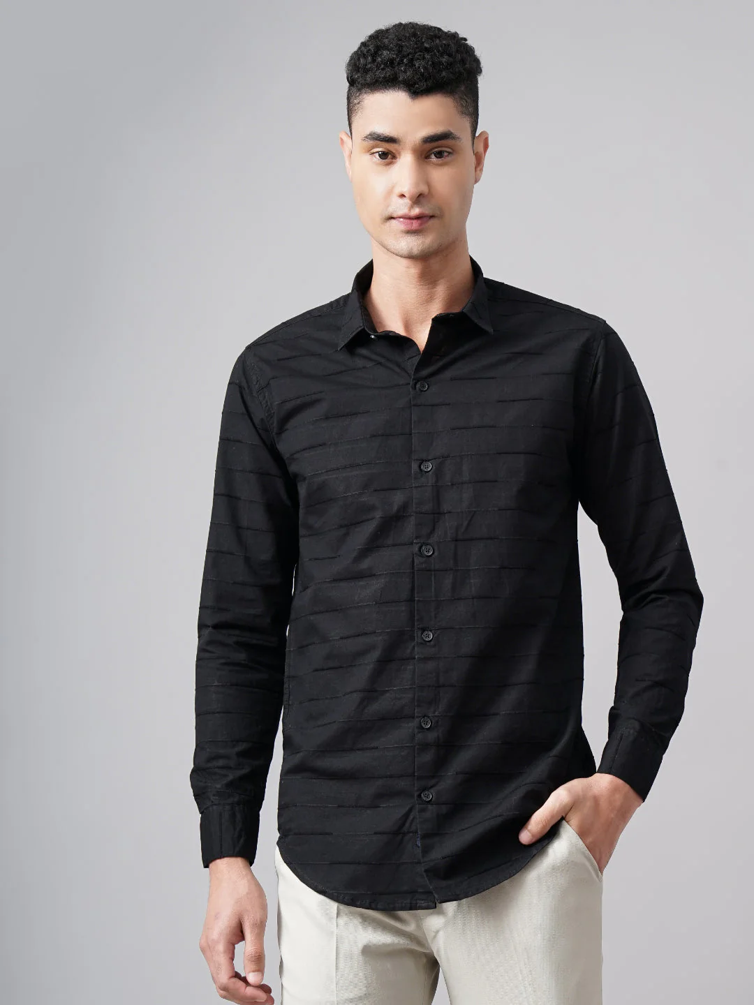 Men Weft Black Self Striped Shirt - Image 2
