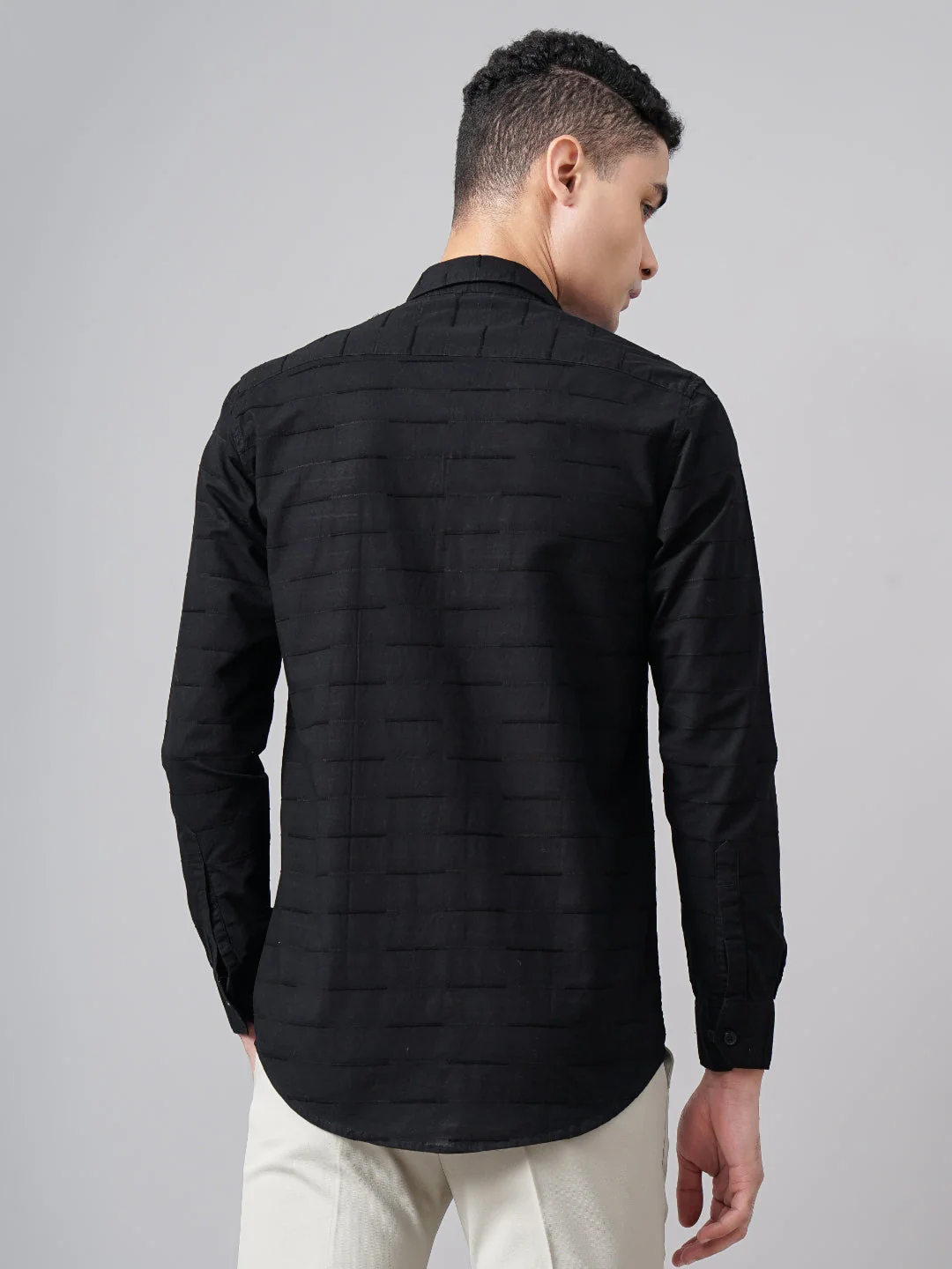 Men Weft Black Self Striped Shirt - Image 3