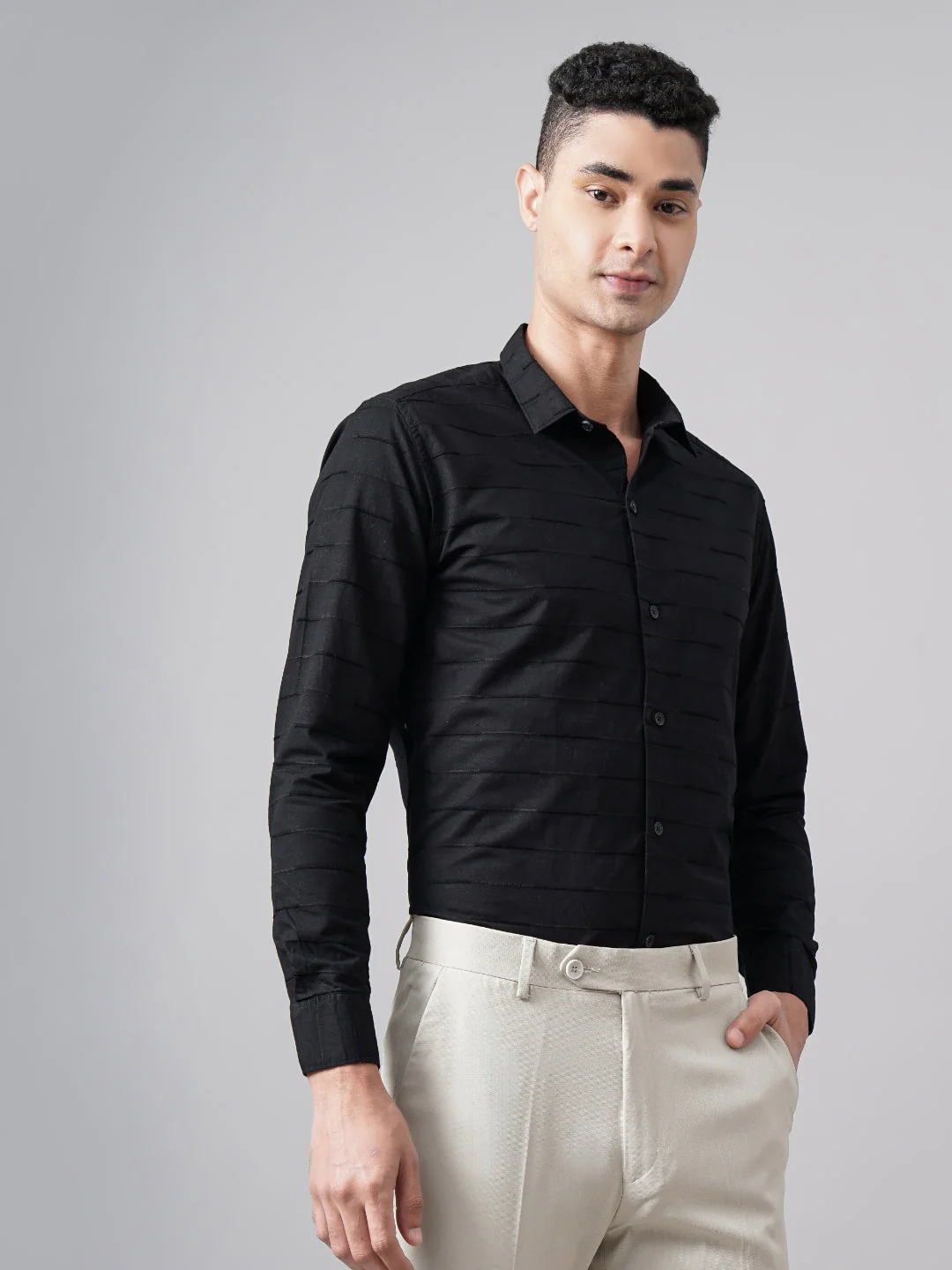 Men Weft Black Self Striped Shirt - Image 4