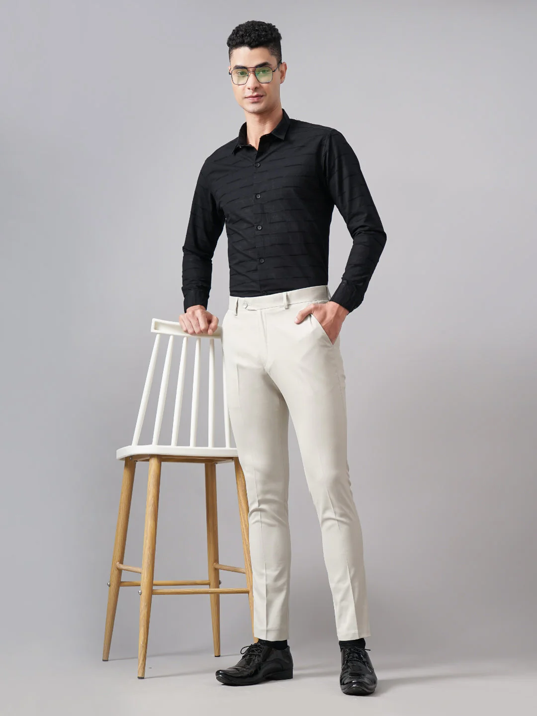 Men Weft Black Self Striped Shirt - Image 5