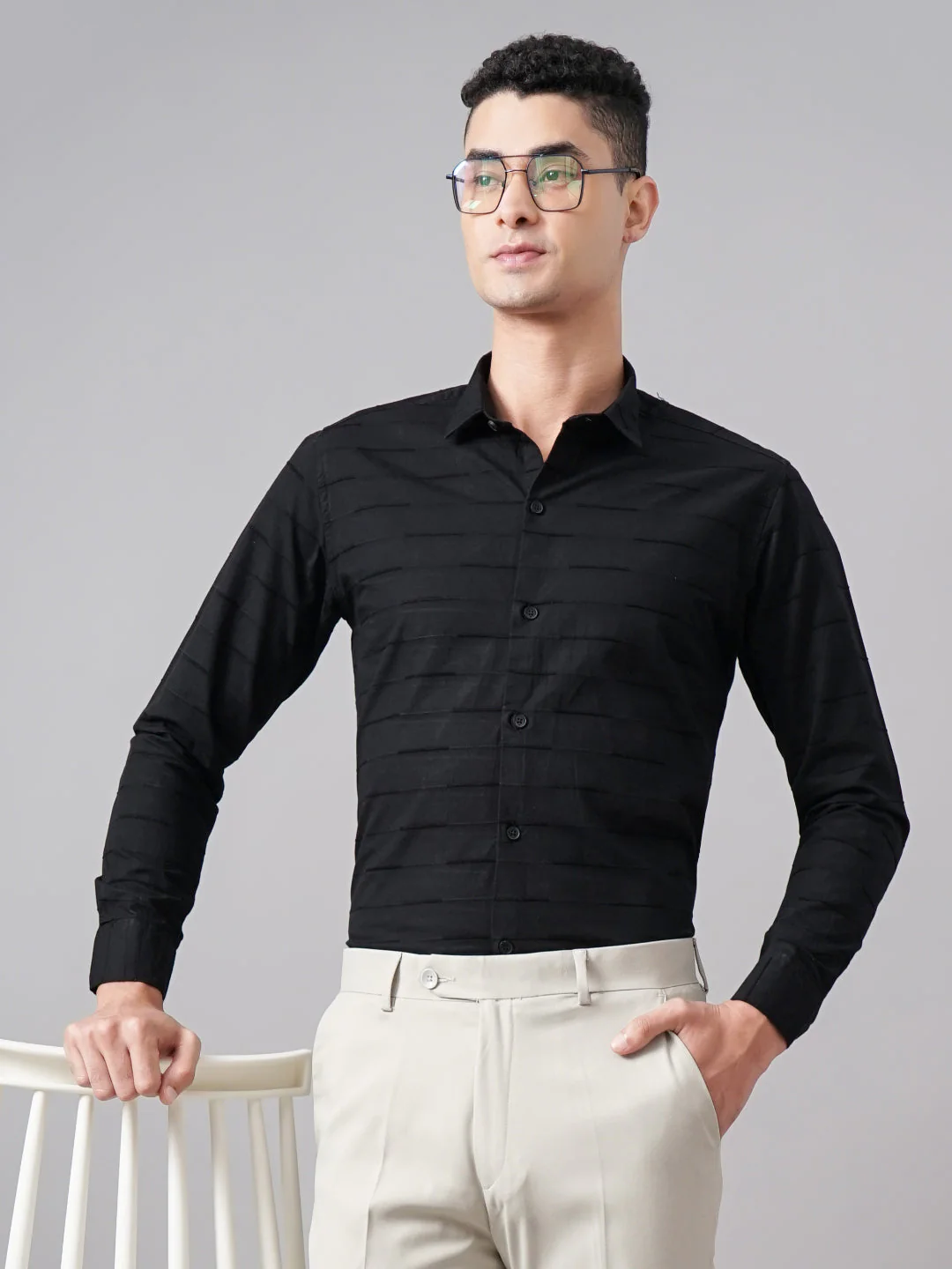 Men Weft Black Self Striped Shirt - Image 6