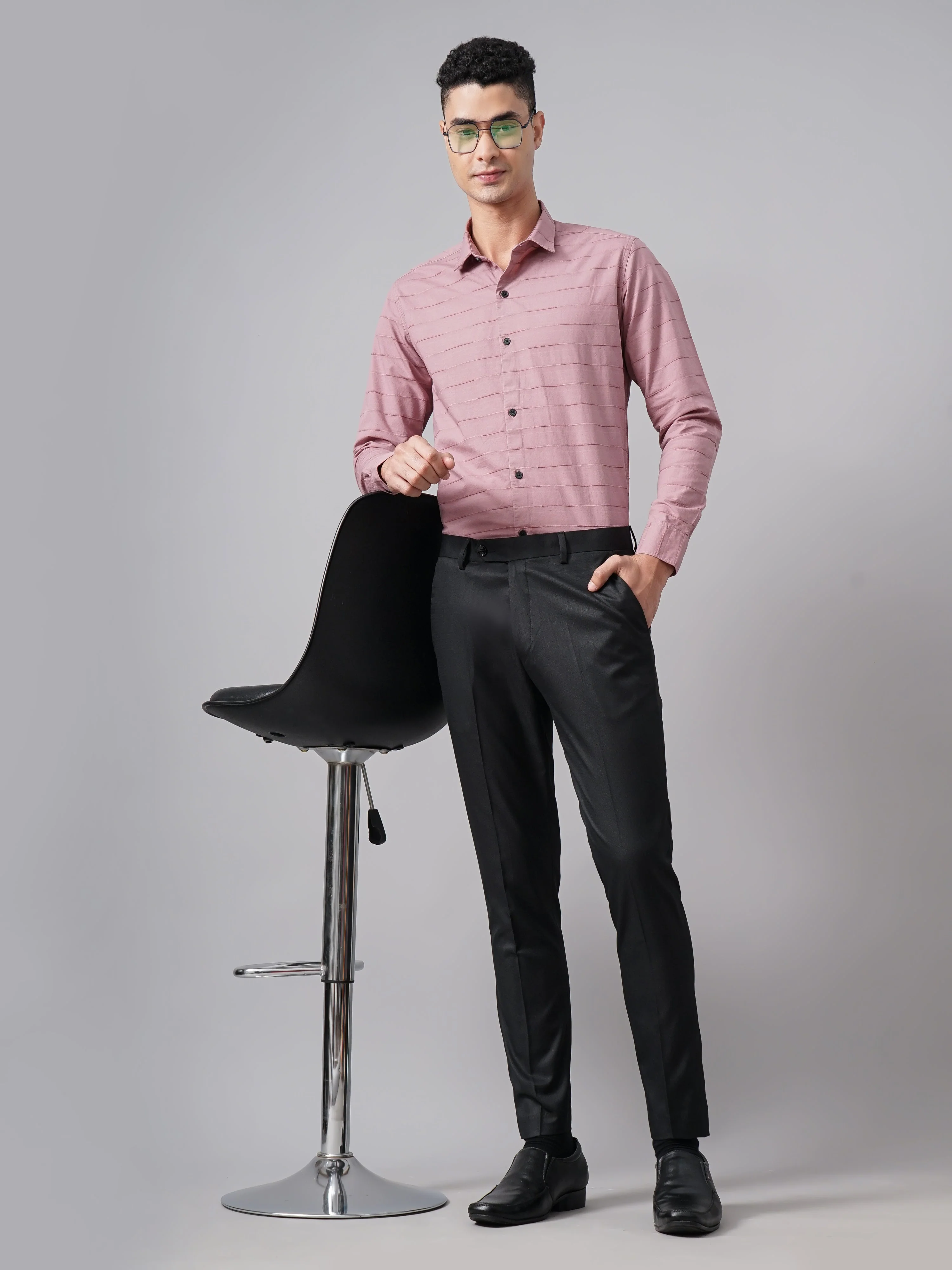 Men Weft Pink Self Striped Shirt - Image 2