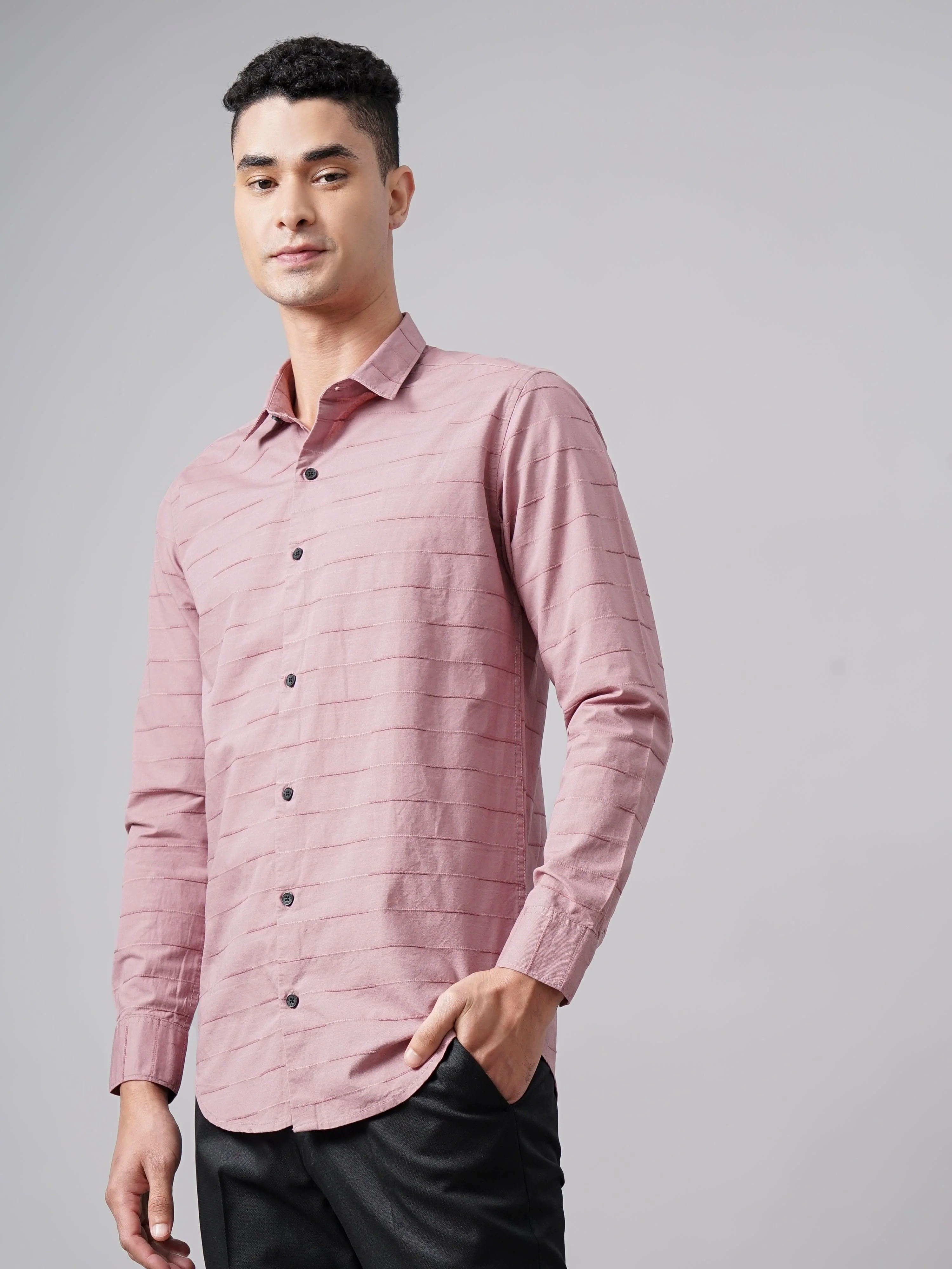 Men Weft Pink Self Striped Shirt - Image 4