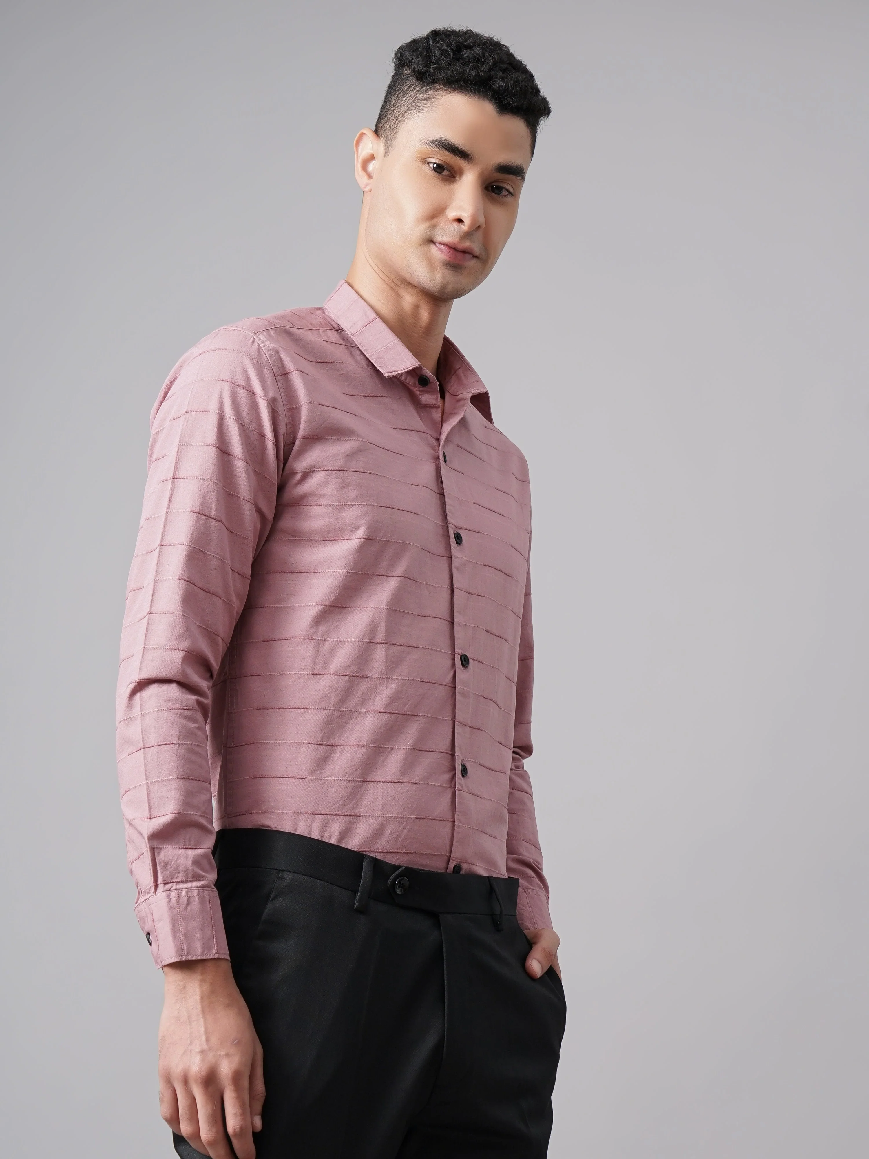Men Weft Pink Self Striped Shirt - Image 5