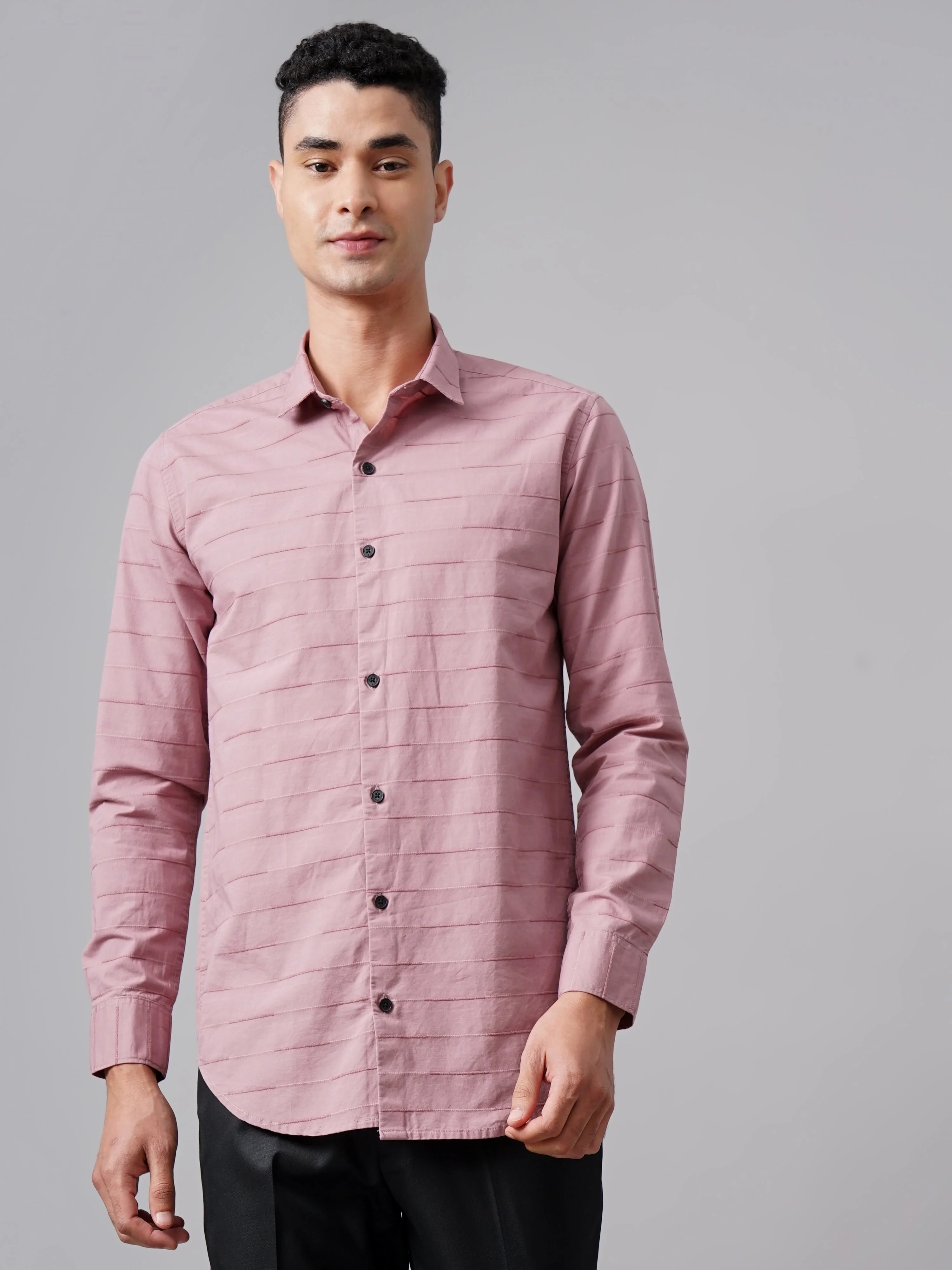 Men Weft Pink Self Striped Shirt - Image 6