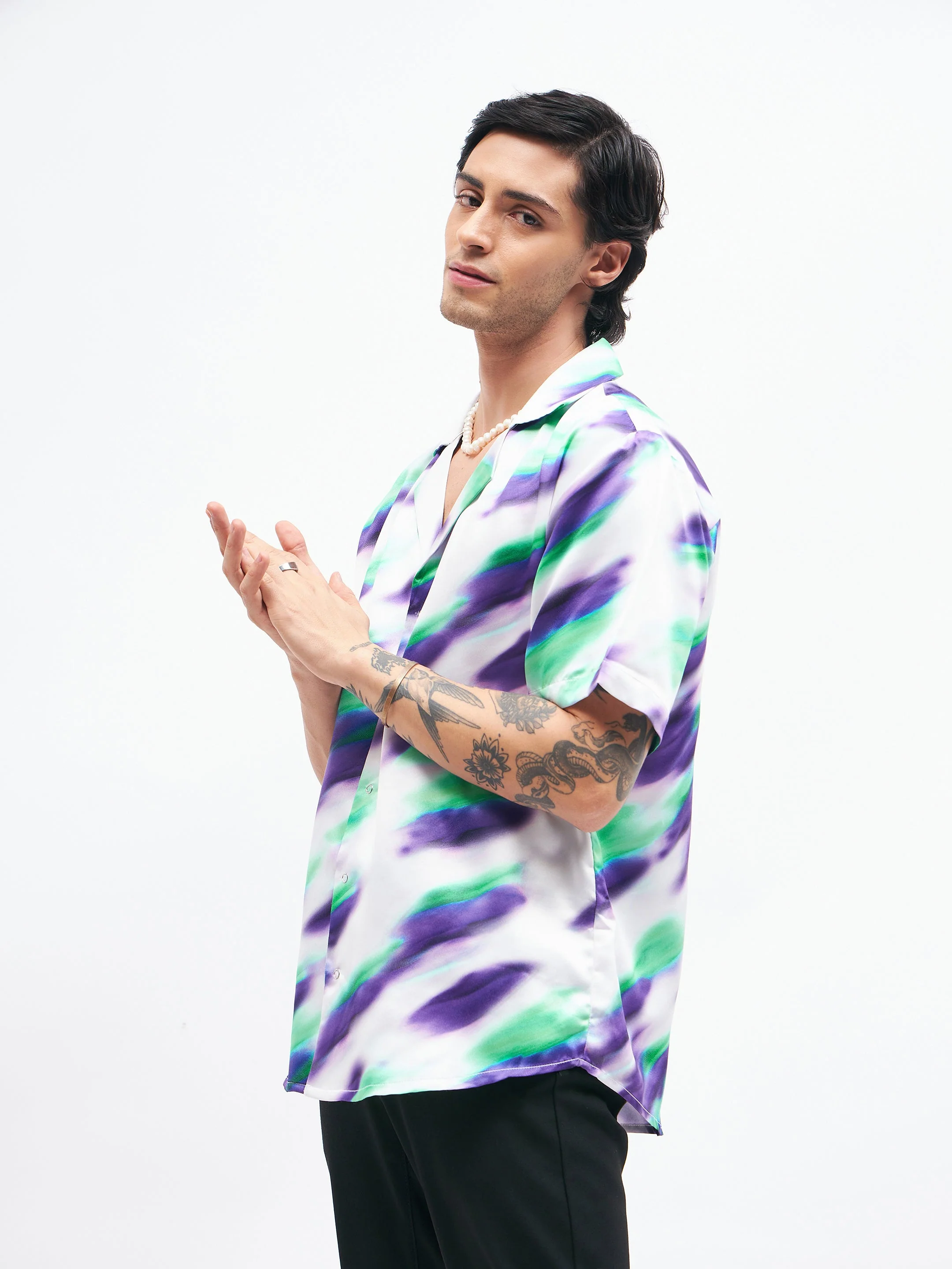 Men White Abstract Short Sleeves Satin Shirt - Image 3