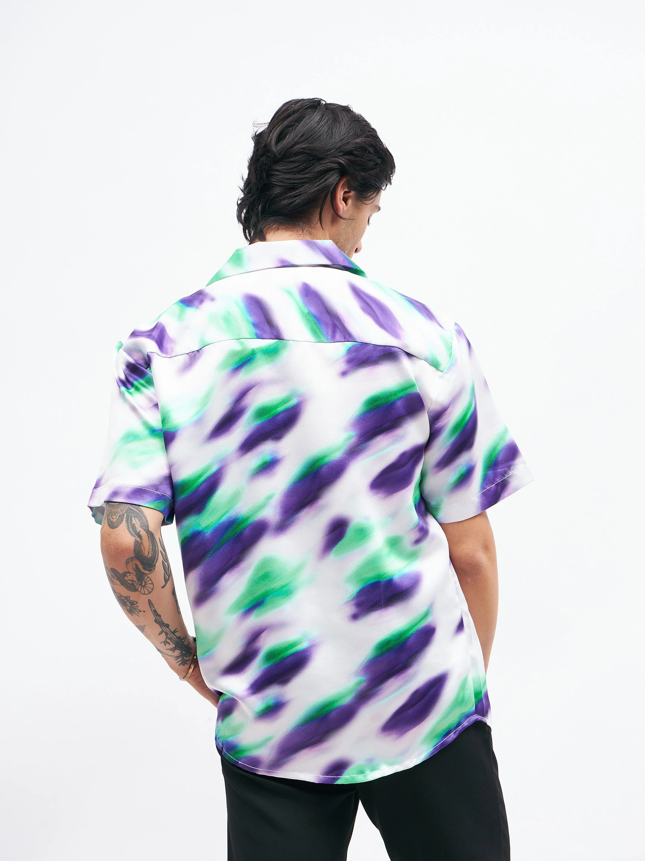 Men White Abstract Short Sleeves Satin Shirt - Image 5