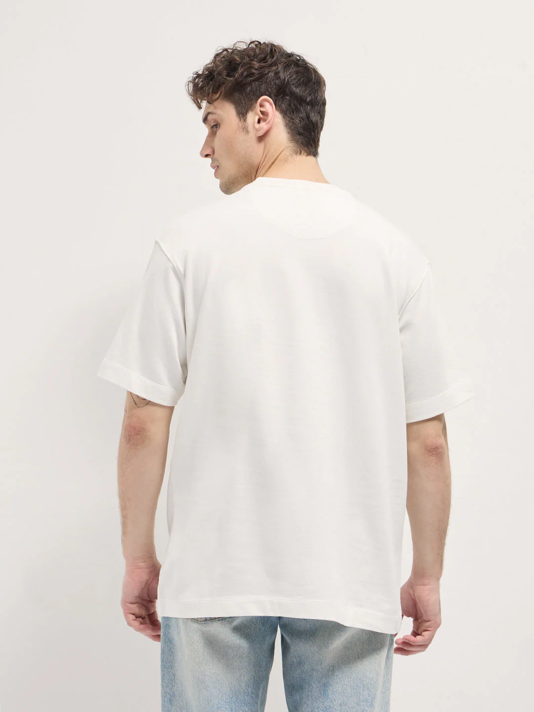 Men White AMORE Patchwork Design Oversize Crew Neck T-shirt - Image 2