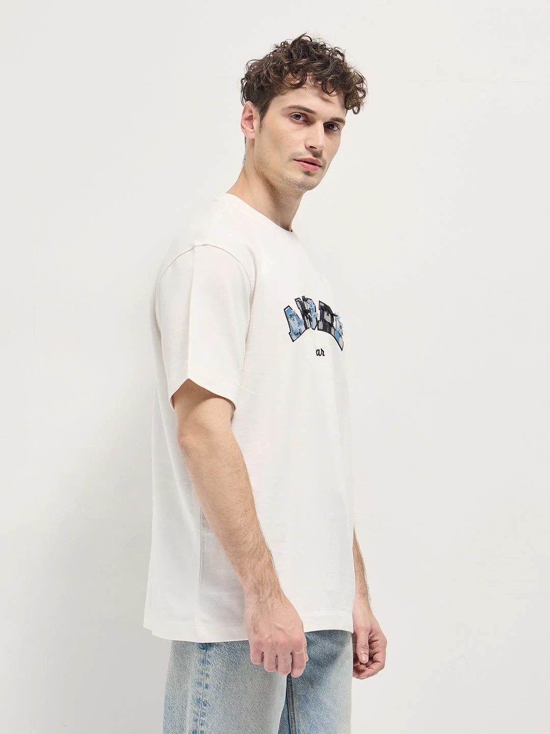 Men White AMORE Patchwork Design Oversize Crew Neck T-shirt - Image 3