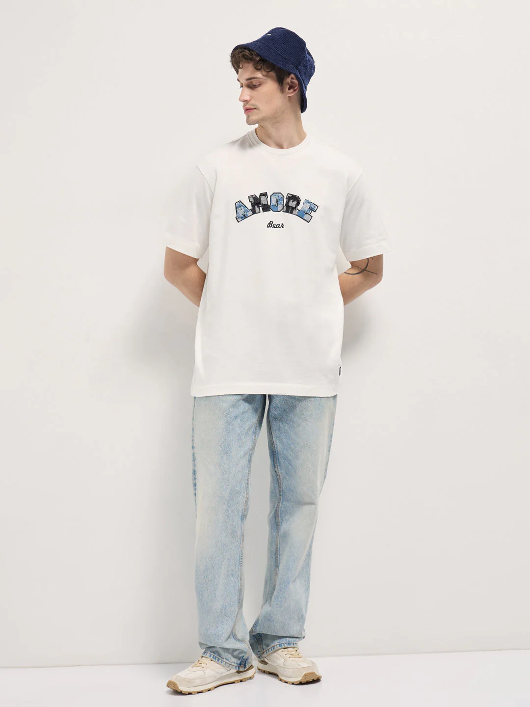 Men White AMORE Patchwork Design Oversize Crew Neck T-shirt - Image 4