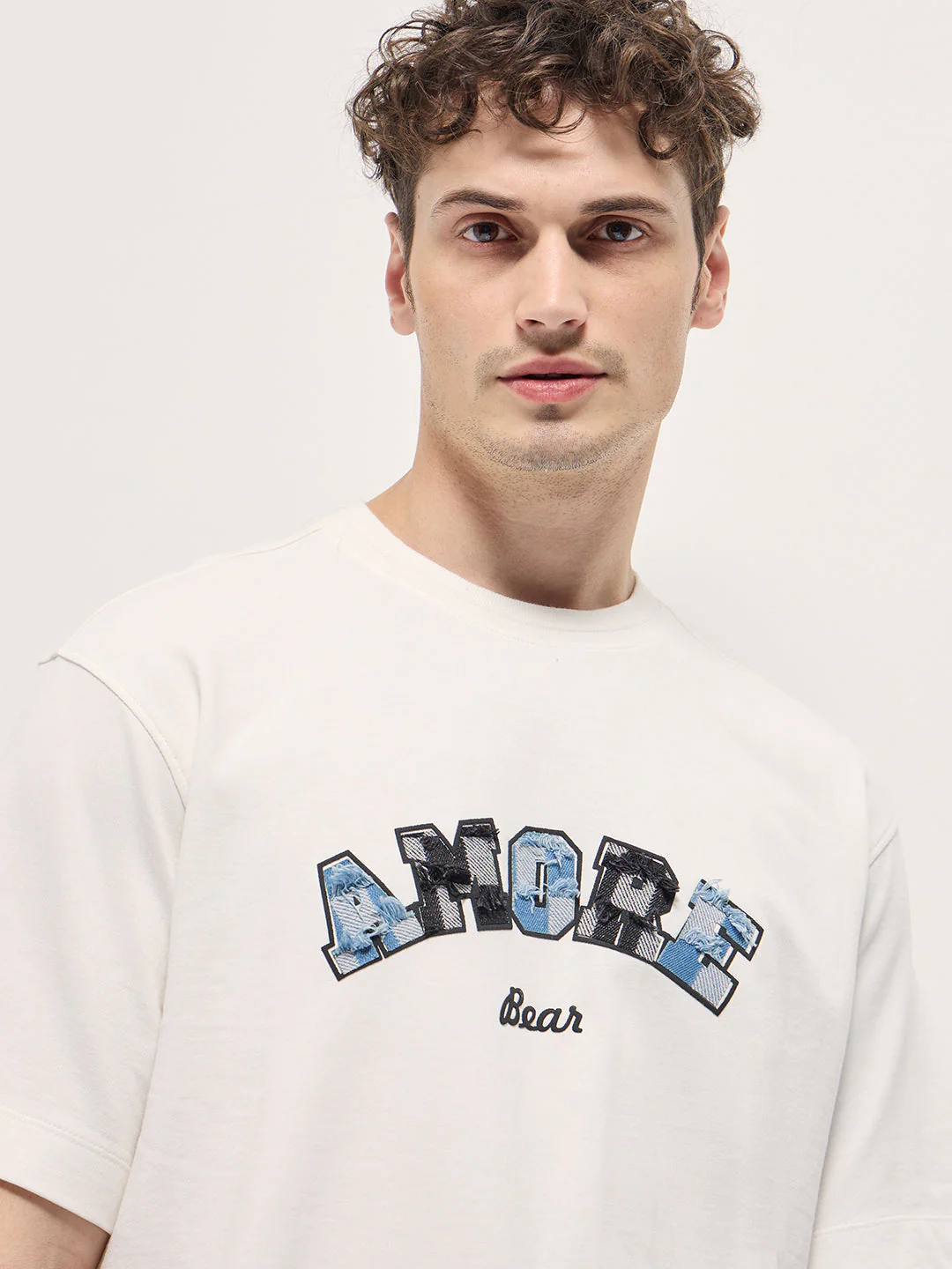 Men White AMORE Patchwork Design Oversize Crew Neck T-shirt - Image 5