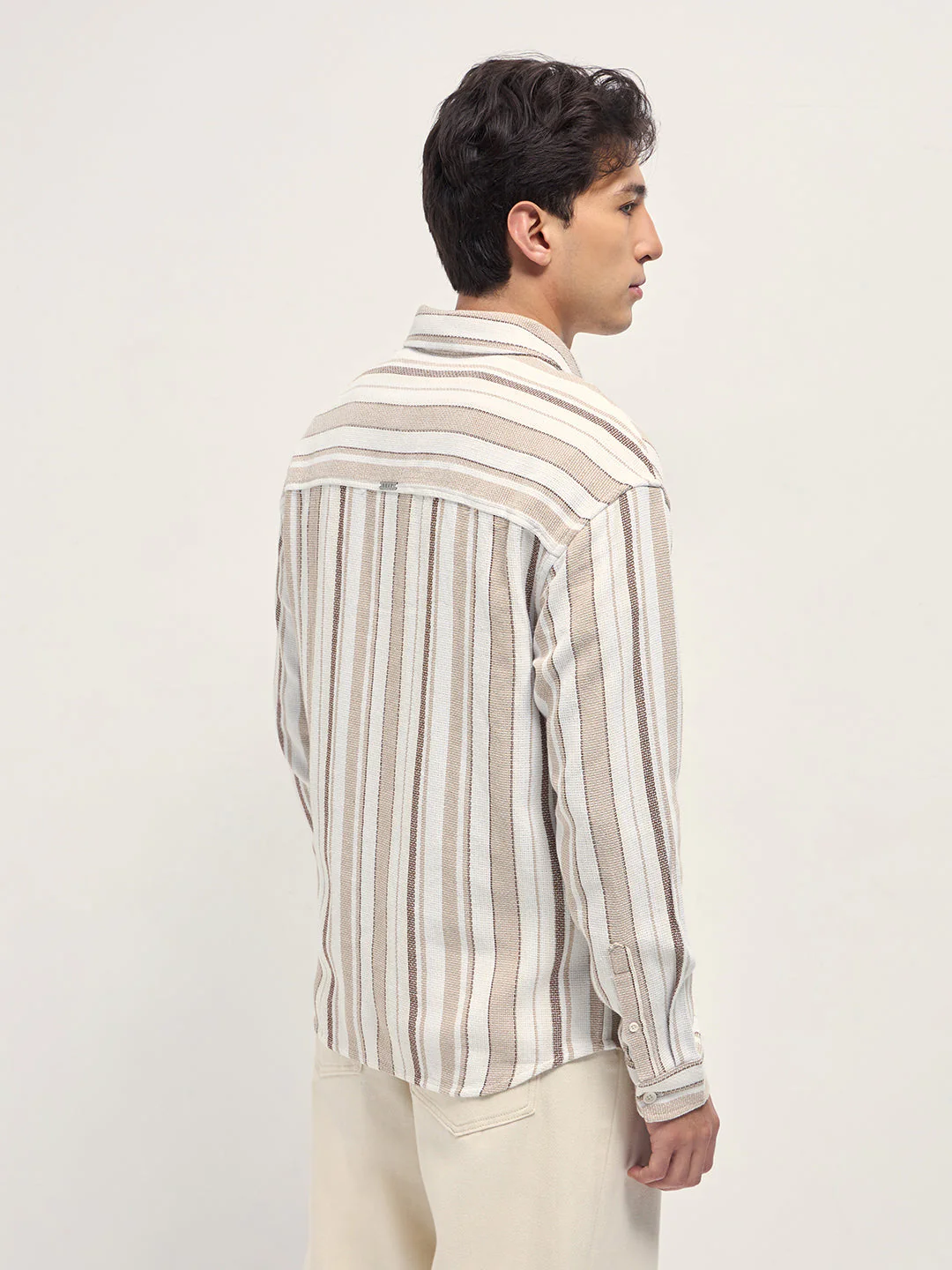 Men White and Beige Woven Vertical Stripe Relaxed Fit Overshirt - Image 2