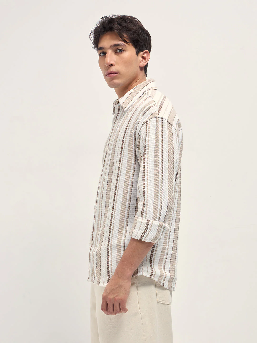 Men White and Beige Woven Vertical Stripe Relaxed Fit Overshirt - Image 3