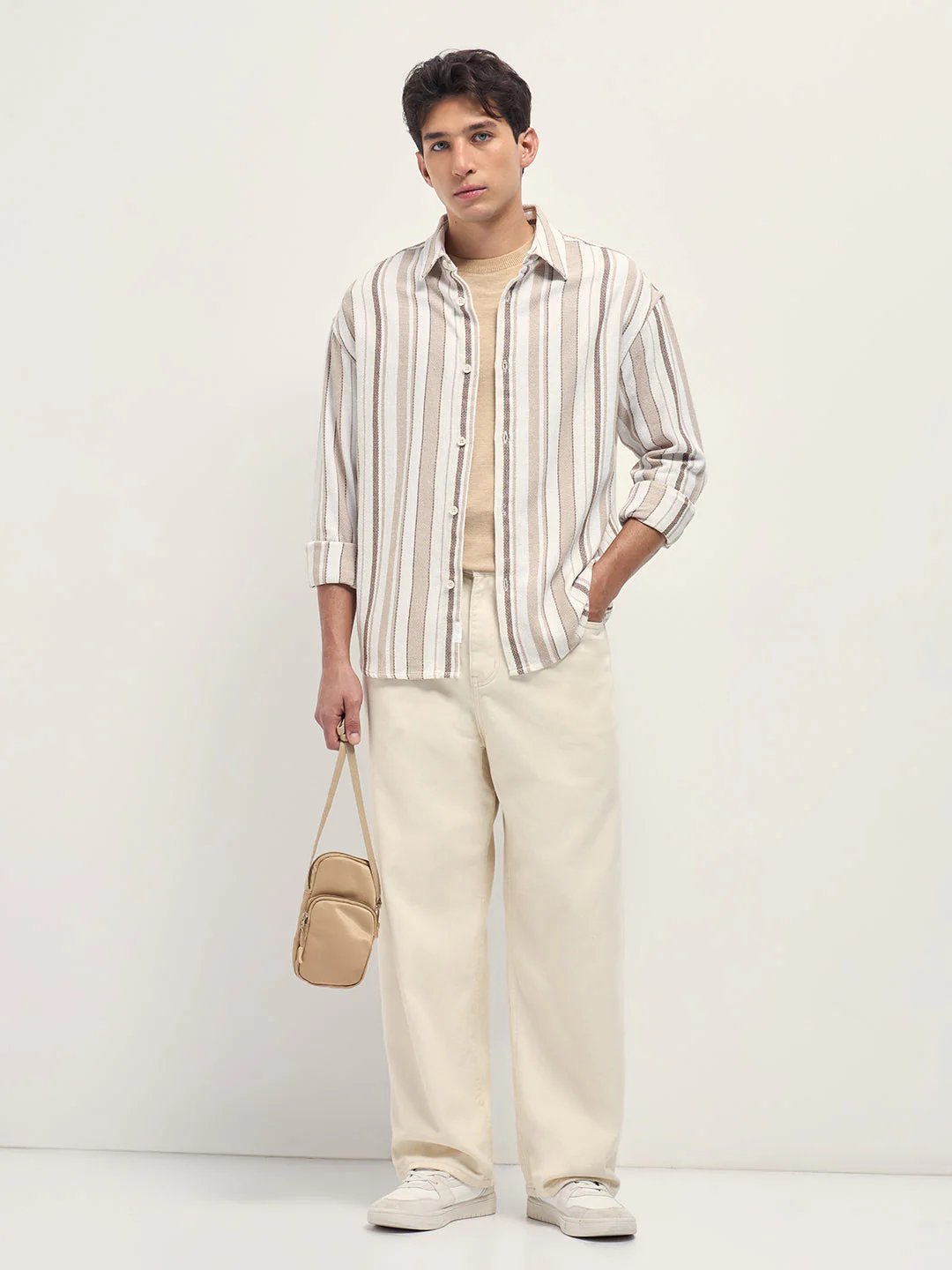 Men White and Beige Woven Vertical Stripe Relaxed Fit Overshirt - Image 4